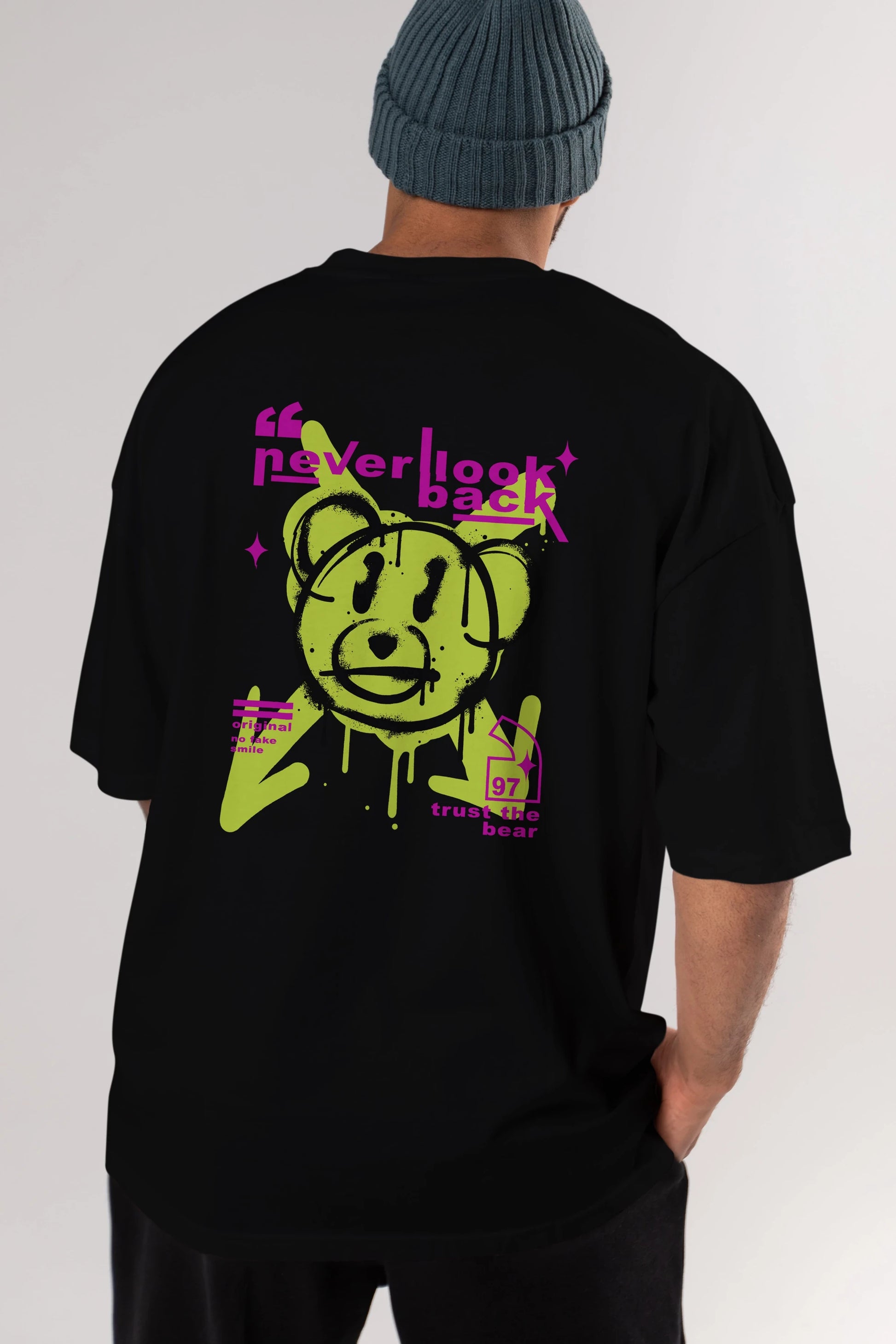 Never Look Back Bear Arka Baskılı Oversize t-shirt Erkek Kadın Unisex