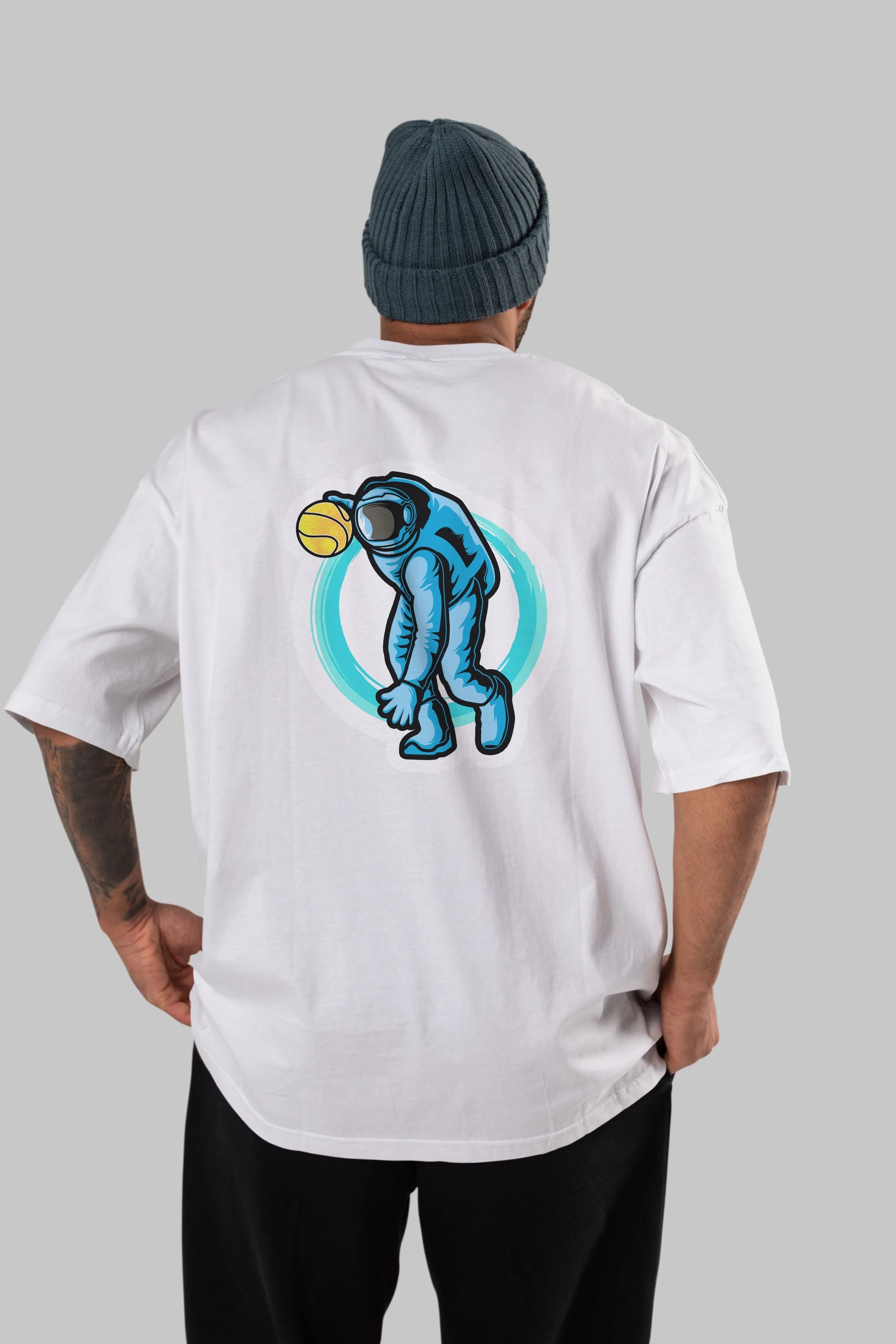 Astronaut Dribble Sticker Arka Baskılı Oversize t-shirt Erkek Kadın Unisex