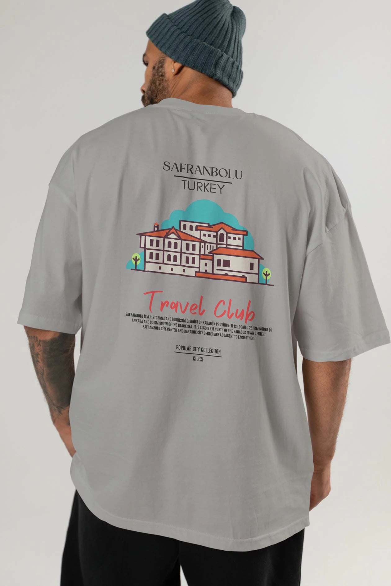 Safranbolu Turkey Arka Baskılı Oversize t-shirt Erkek Kadın Pamuk Bisiklet Yaka tişort