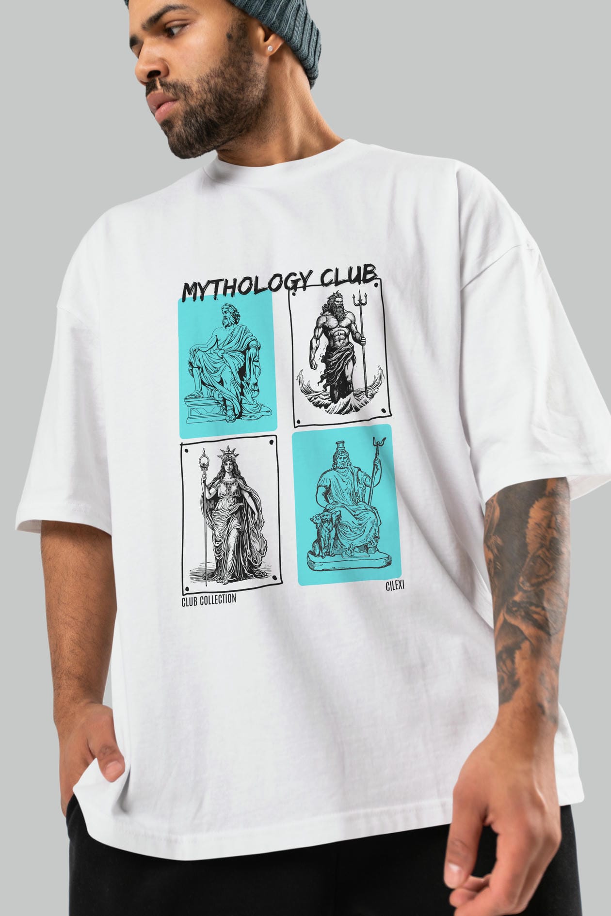 Mythology Club ön Baskılı Oversize t-shirt Erkek Kadın %100 Pamuk Bisiklet Yaka tişort