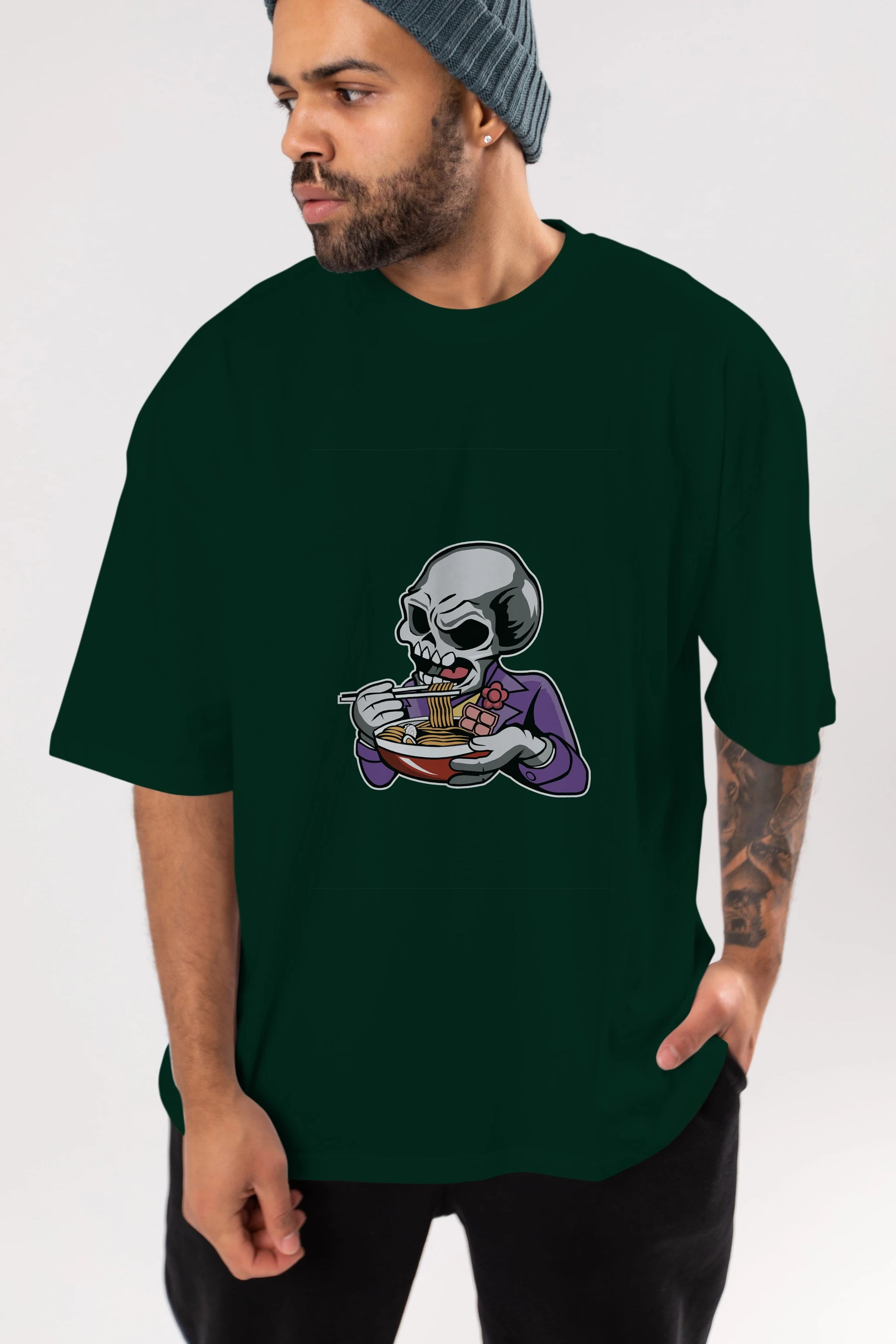 Skull Ramen Ön Baskılı Oversize t-shirt Erkek Kadın Unisex %100 Pamuk tişort