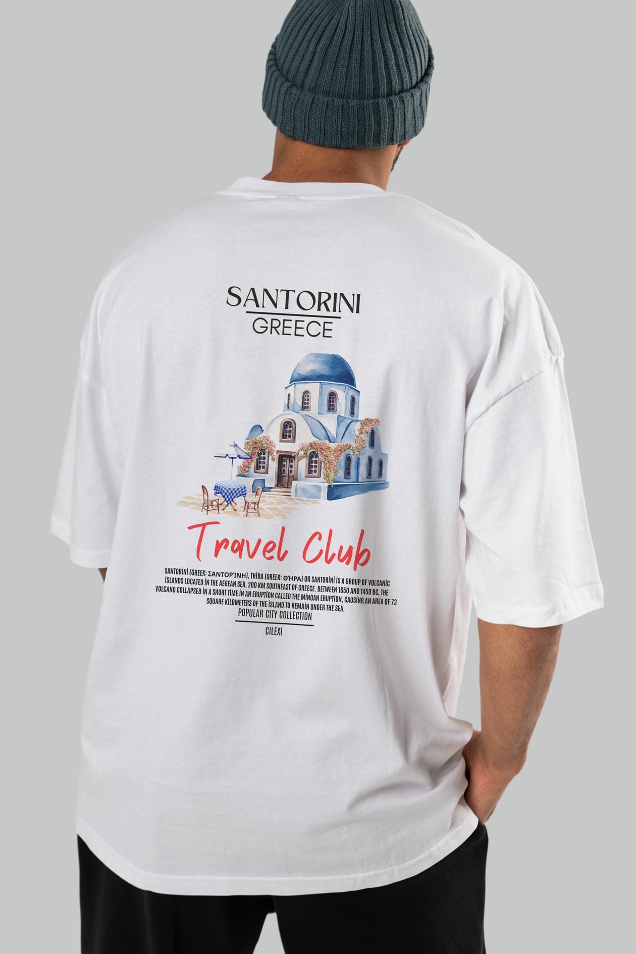 Santorini Greece Arka Baskılı Oversize t-shirt Erkek Kadın Pamuk Bisiklet Yaka tişort