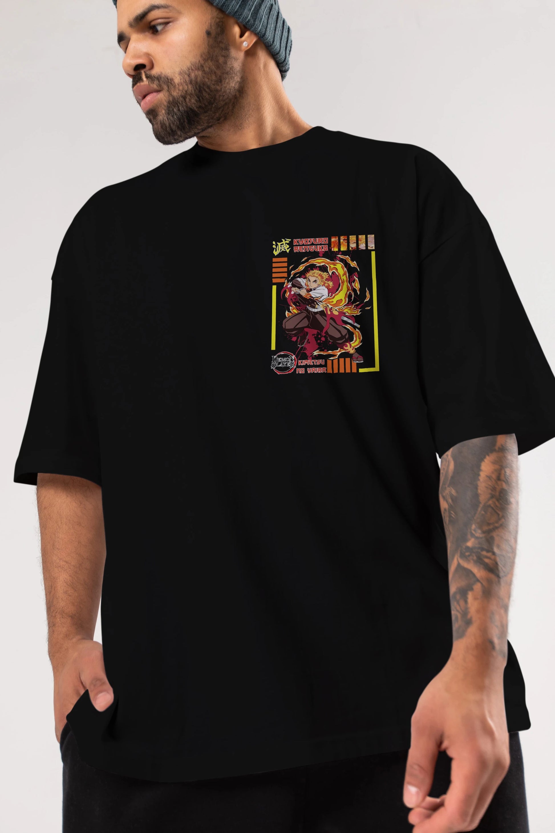 KYOJURO RENGOKU Ön Sol Baskılı Oversize t-shirt Erkek Kadın Unisex %100 Pamuk Bisiklet Yaka tişort