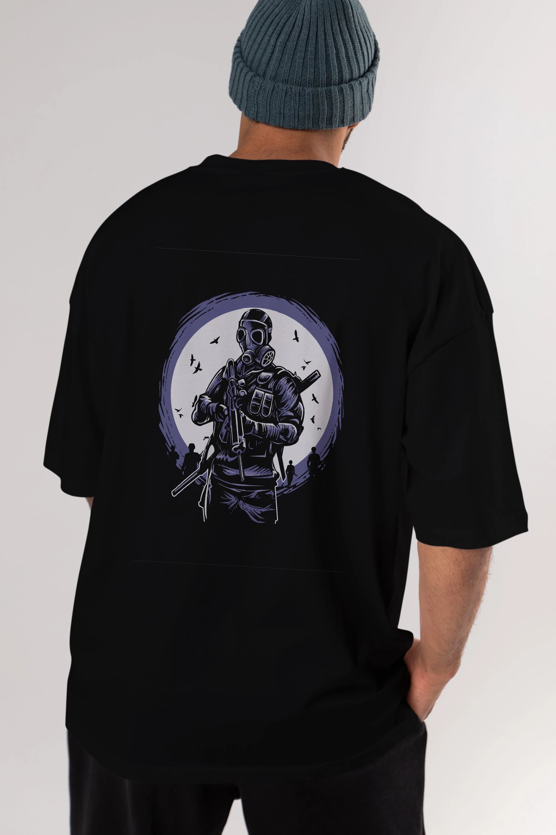 Gas Mask Soldier Arka Baskılı Oversize t-shirt Erkek Kadın Unisex %100 Pamuk