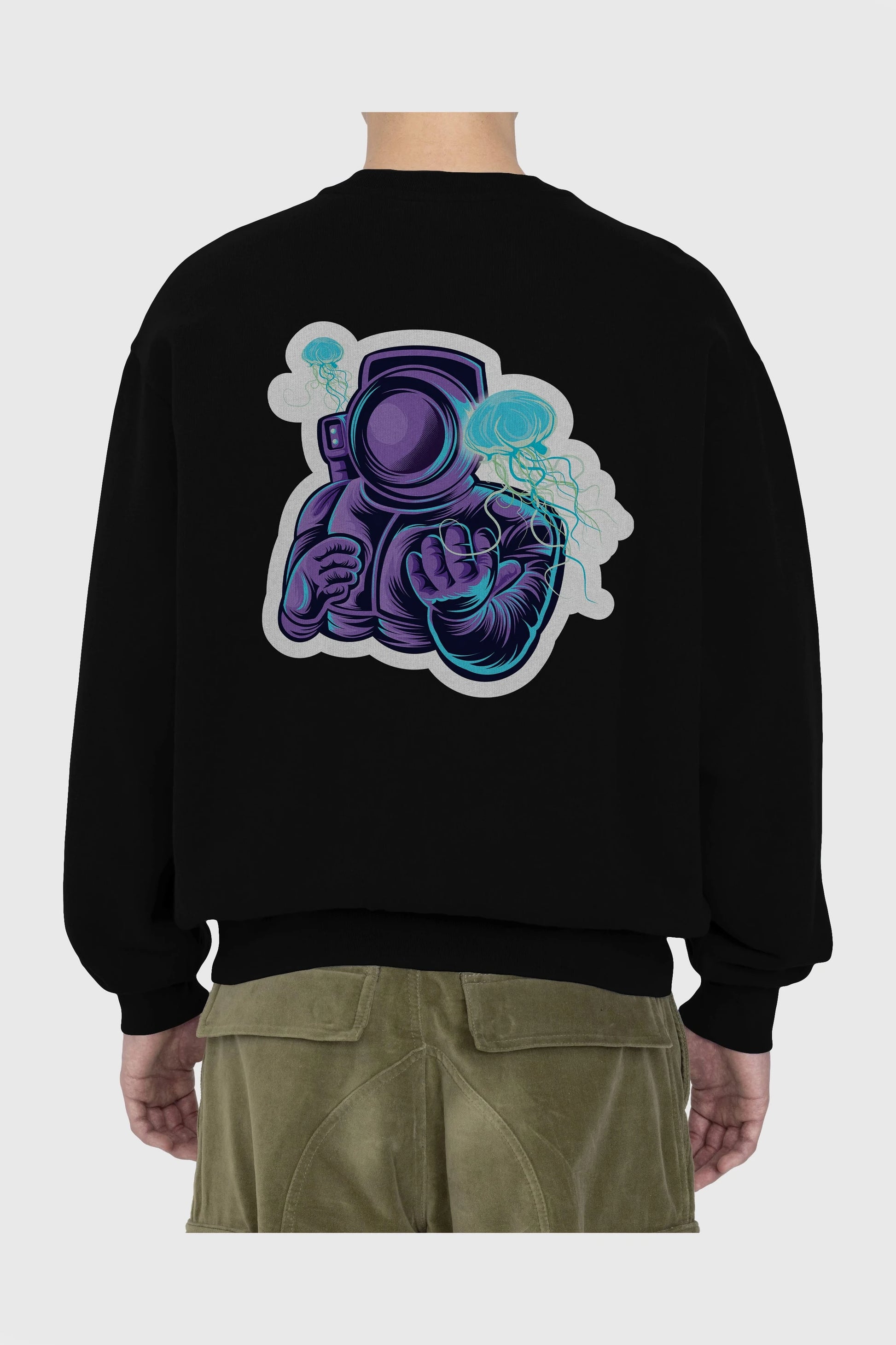 Astronaut and Jellyfish Sticker Arka Baskılı Oversize Sweatshirt Erkek Kadın Unisex