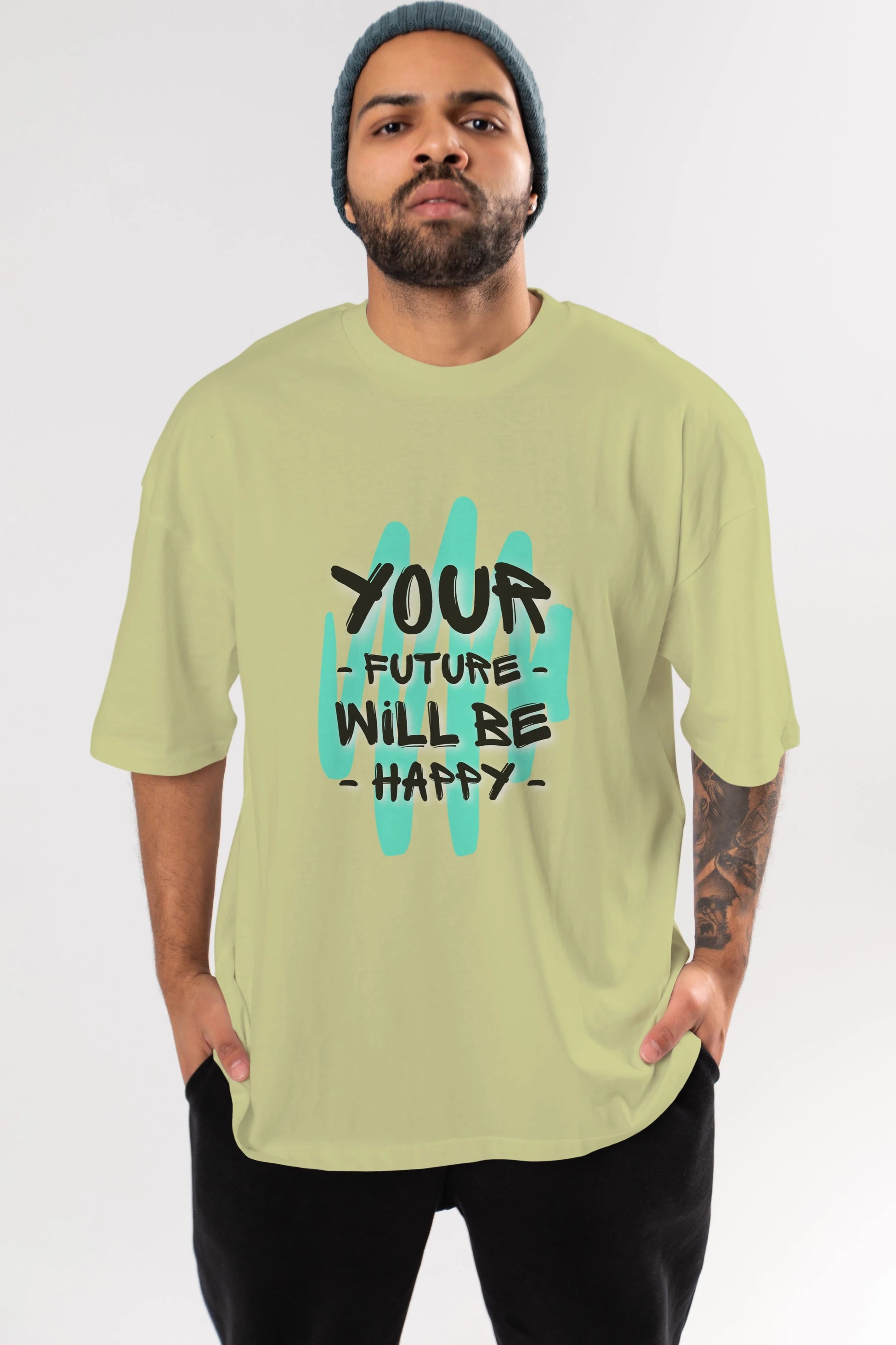 Your Future Will be Happy Yazılı Ön Baskılı Oversize t-shirt Erkek Kadın Unisex
