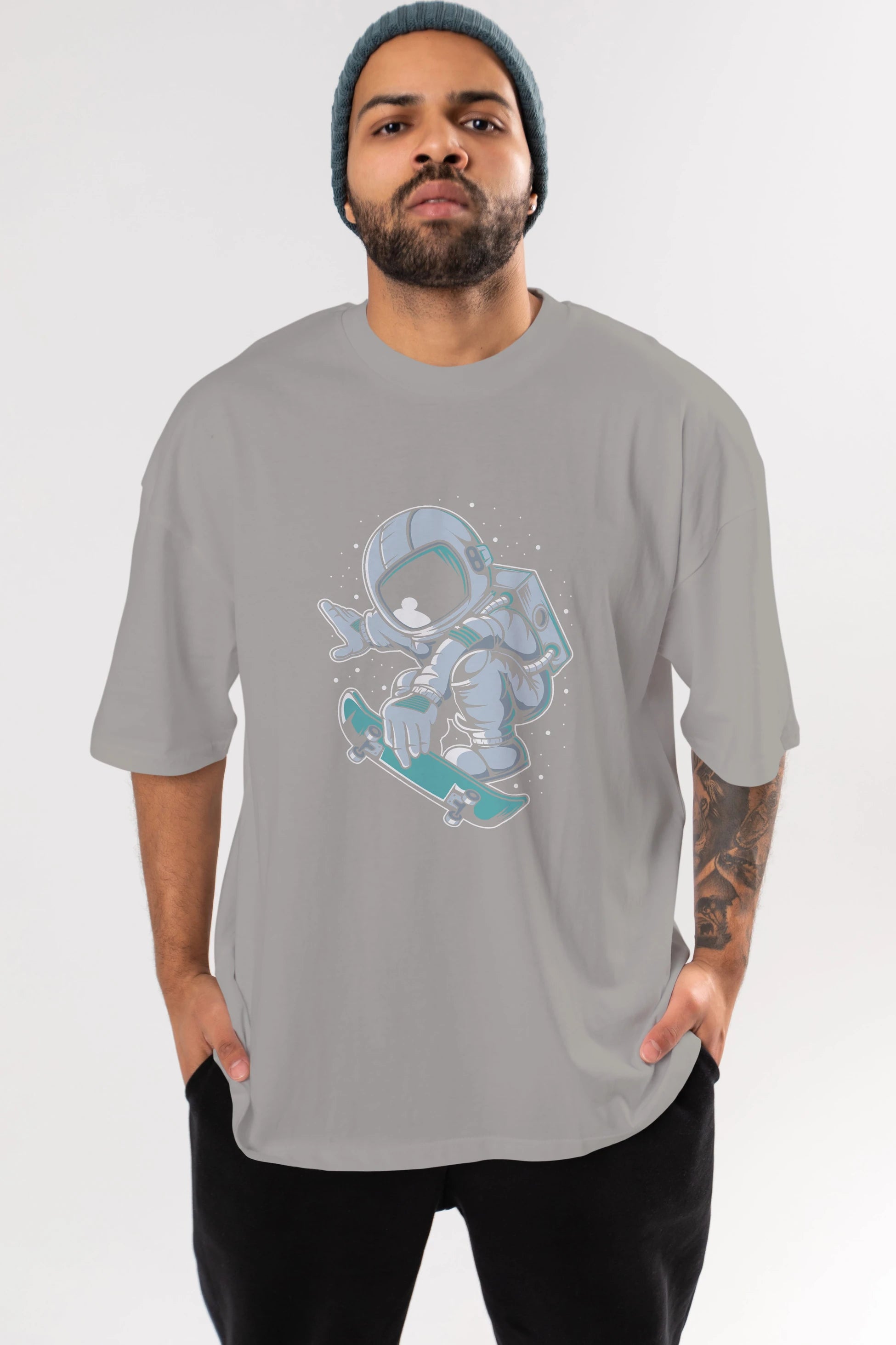 Astronaut Skateboard Jump Ön Baskılı Oversize t-shirt Erkek Kadın Unisex
