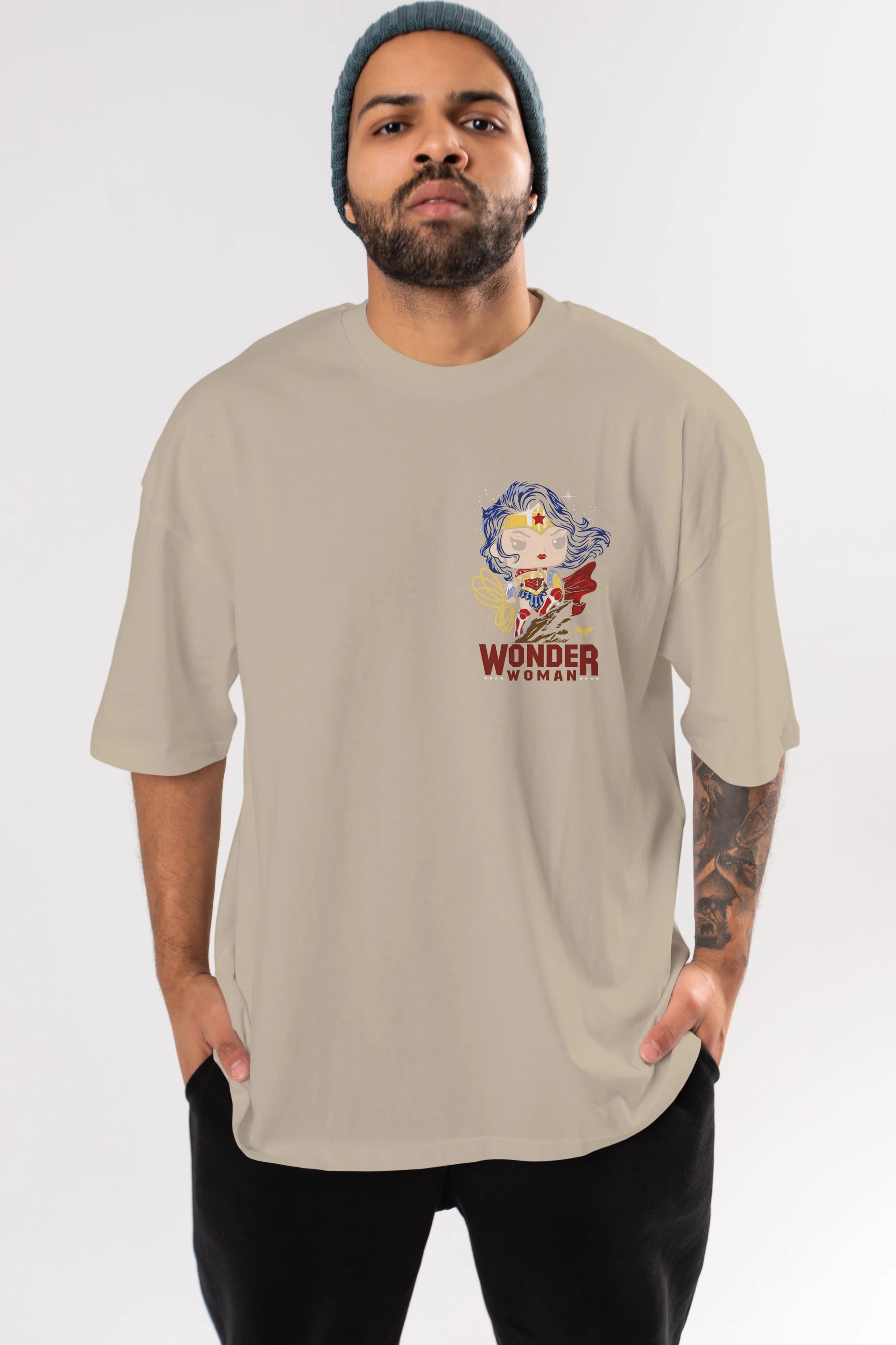 Wonder Woman (2) Ön Sol Baskılı Oversize t-shirt Erkek Kadın Unisex %100 Pamuk Bisiklet Yaka tişort