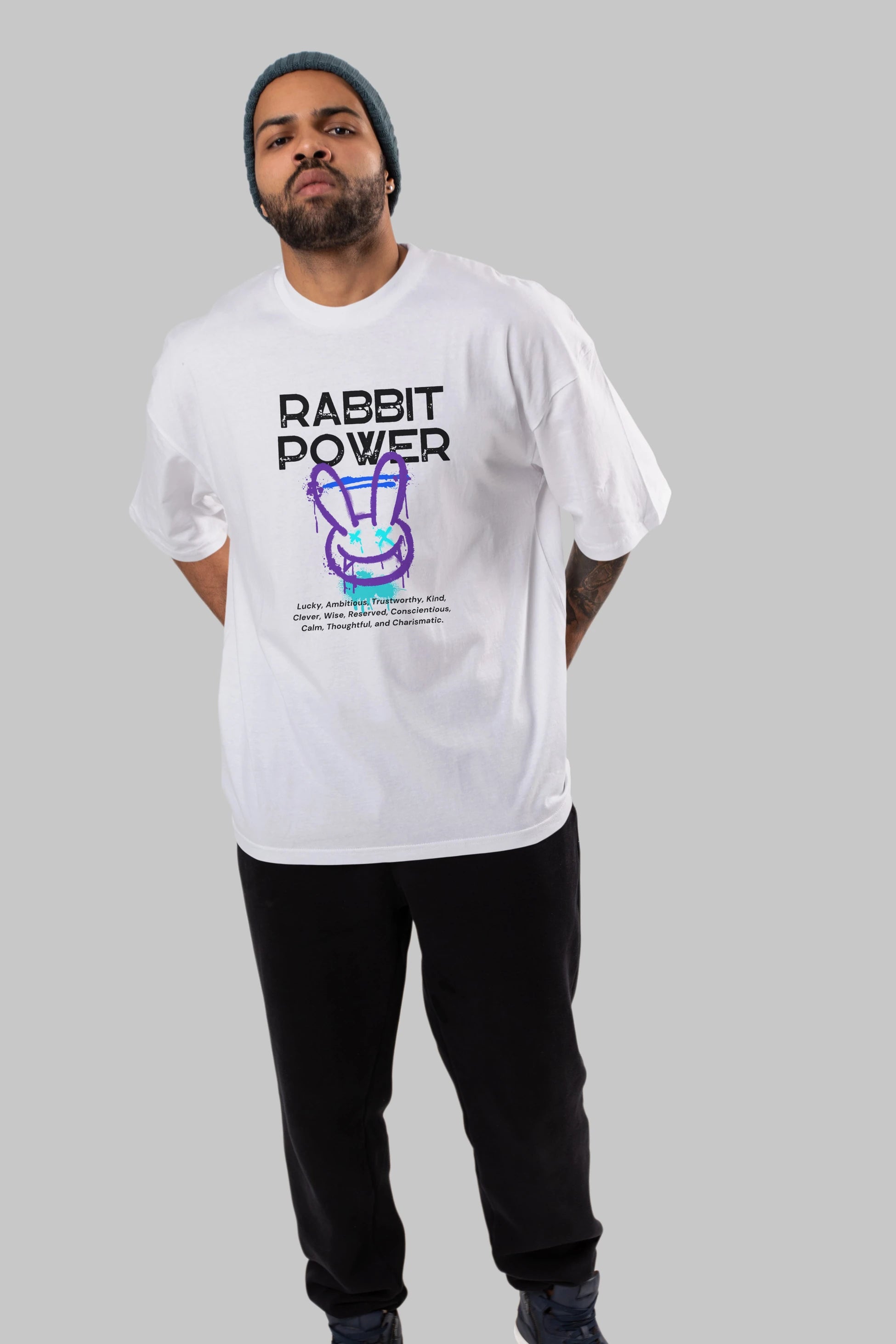 Rabbit Power Yazılı Ön Baskılı Oversize t-shirt Erkek Kadın Unisex