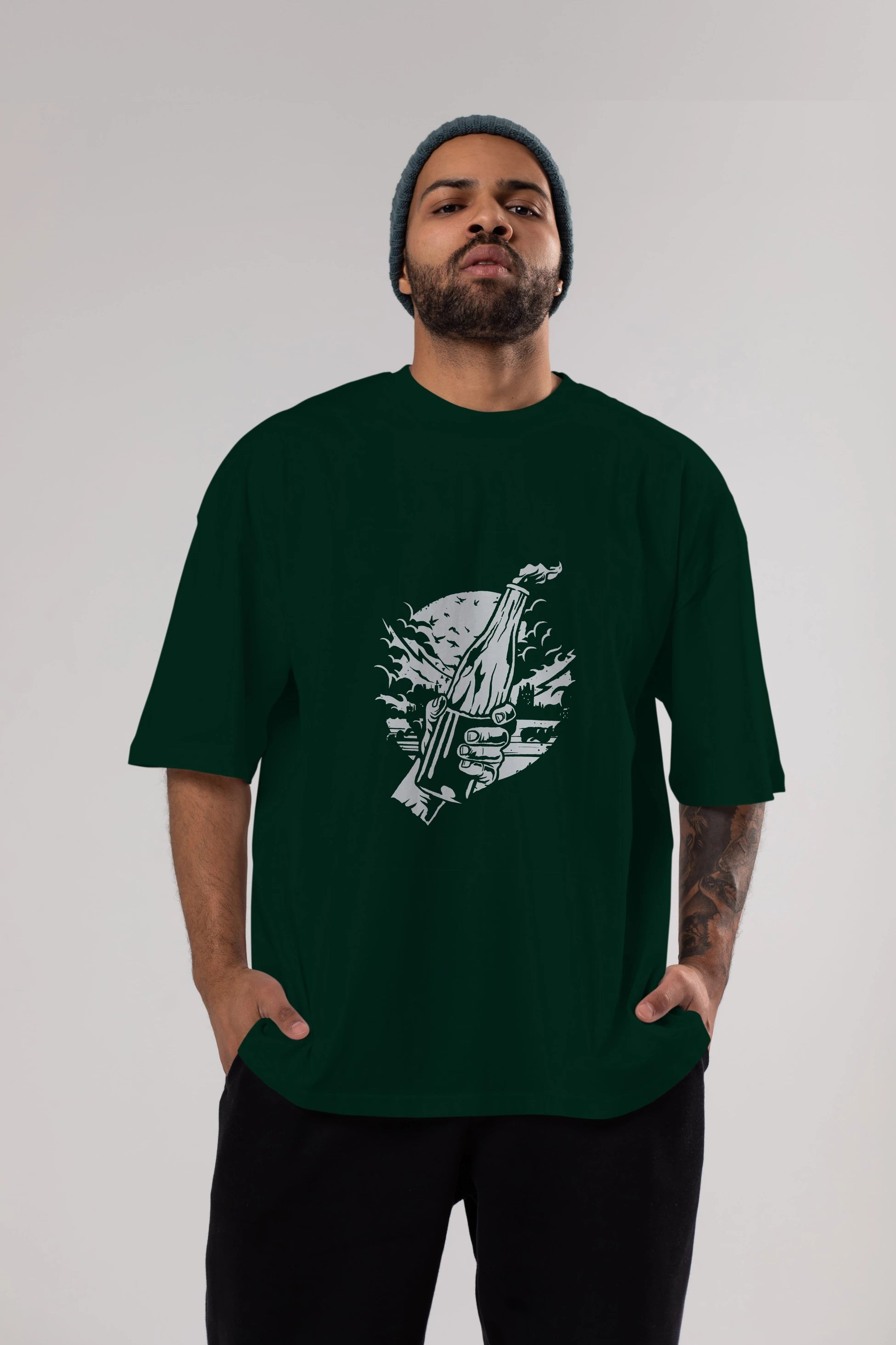 Molotov Cocktail Ön Baskılı Oversize t-shirt Erkek Kadın Unisex %100 Pamuk tişort