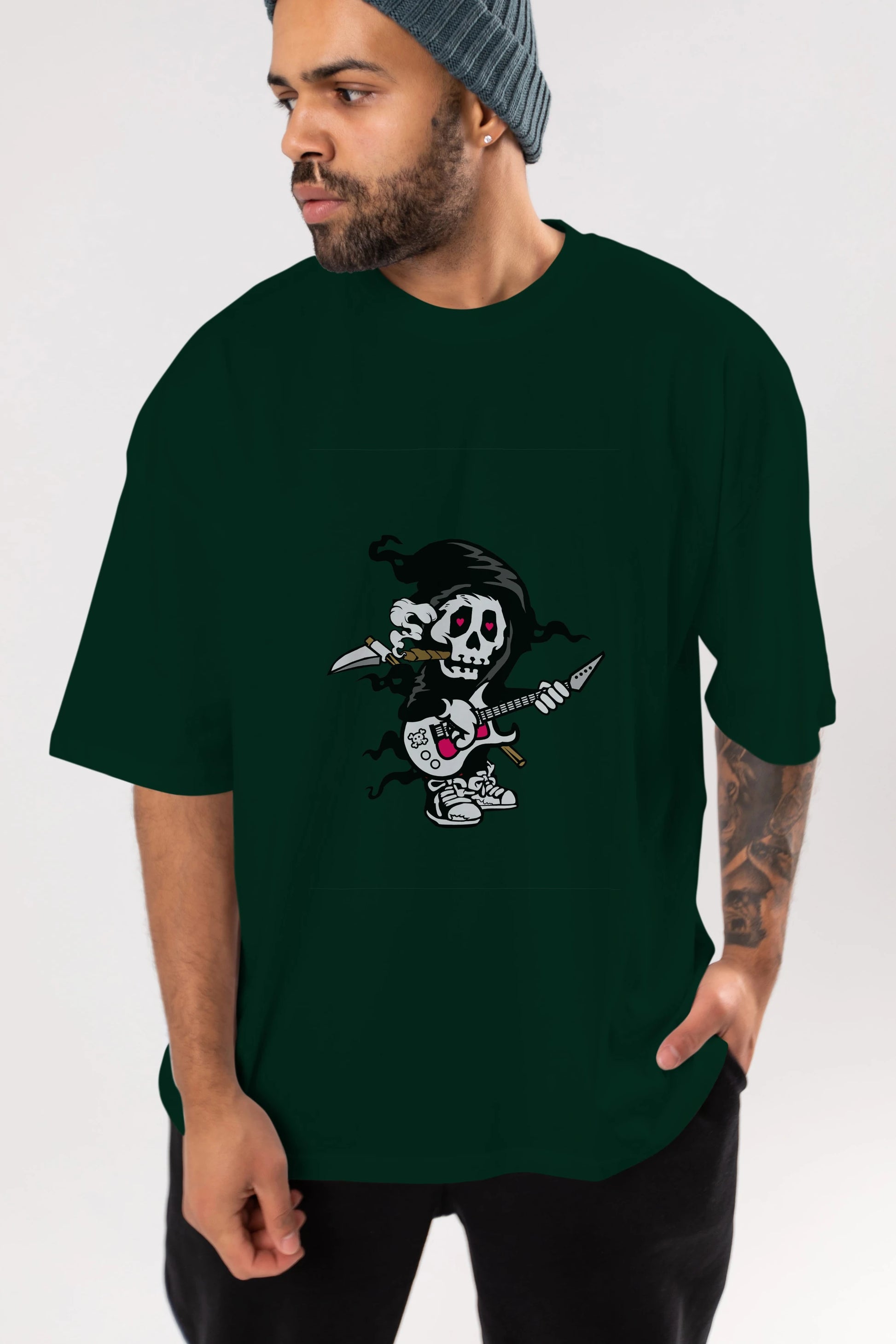 Grim Rockstar Ön Baskılı Oversize t-shirt Erkek Kadın Unisex %100 Pamuk tişort