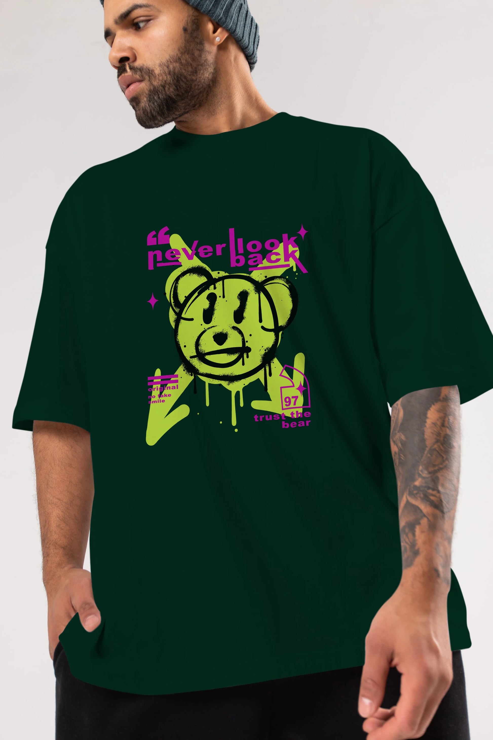 Never Look Back Bear Ön Baskılı Oversize t-shirt Erkek Kadın Unisex