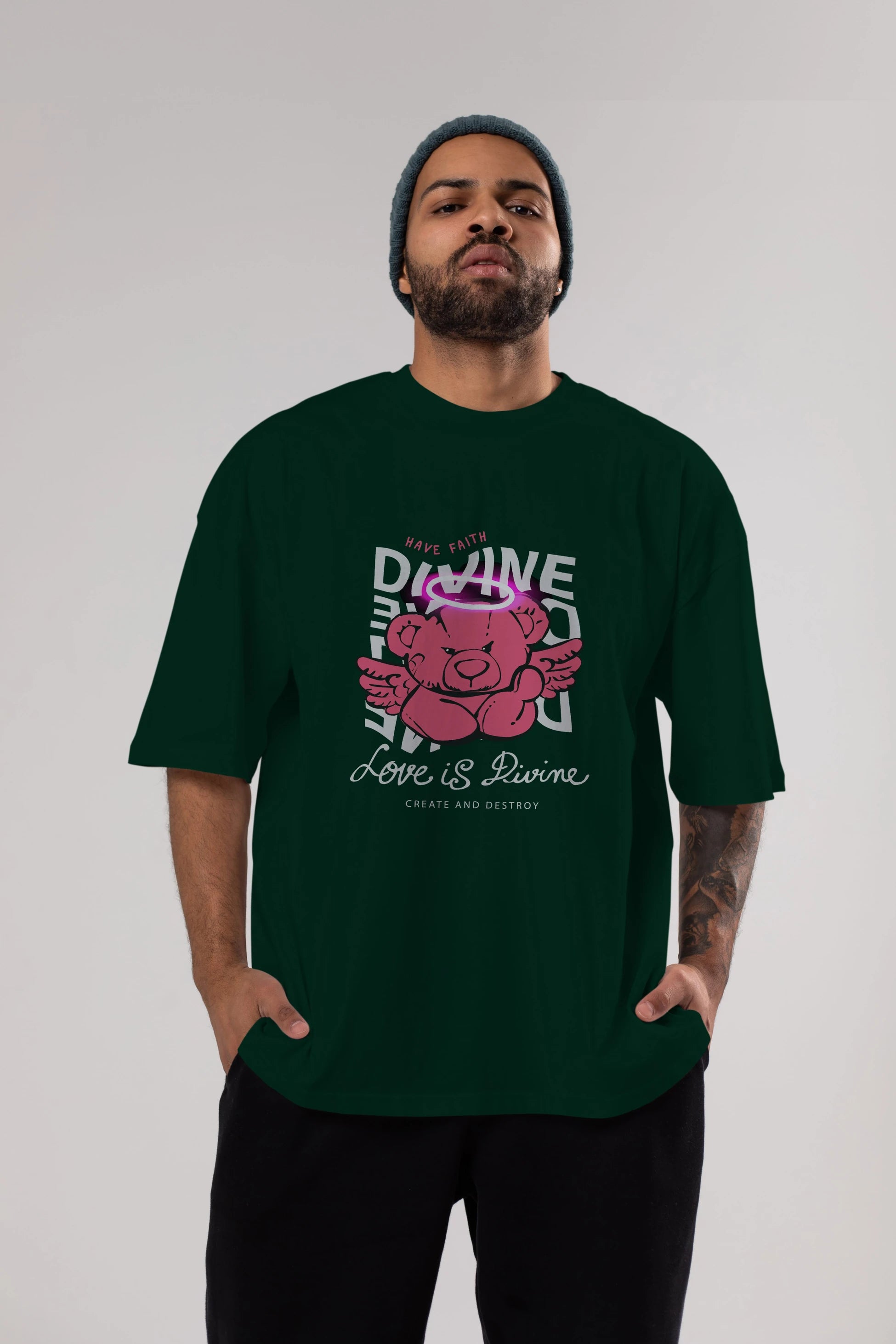 Love is Divine Bear Ön Baskılı Oversize t-shirt Erkek Kadın Unisex