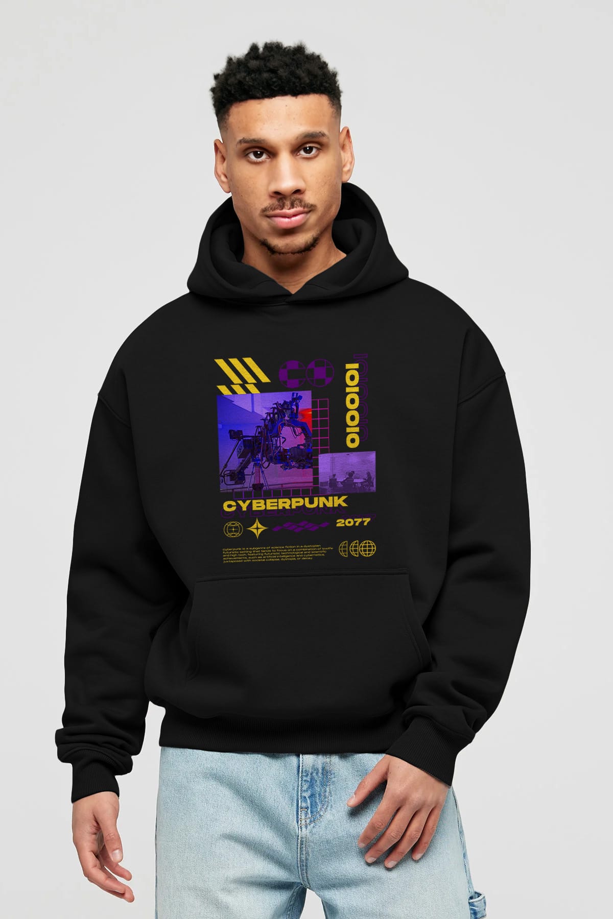 Cyberpunk Yazılı Ön Baskılı Oversize Hoodie Kapüşonlu Sweatshirt Erkek Kadın Unisex