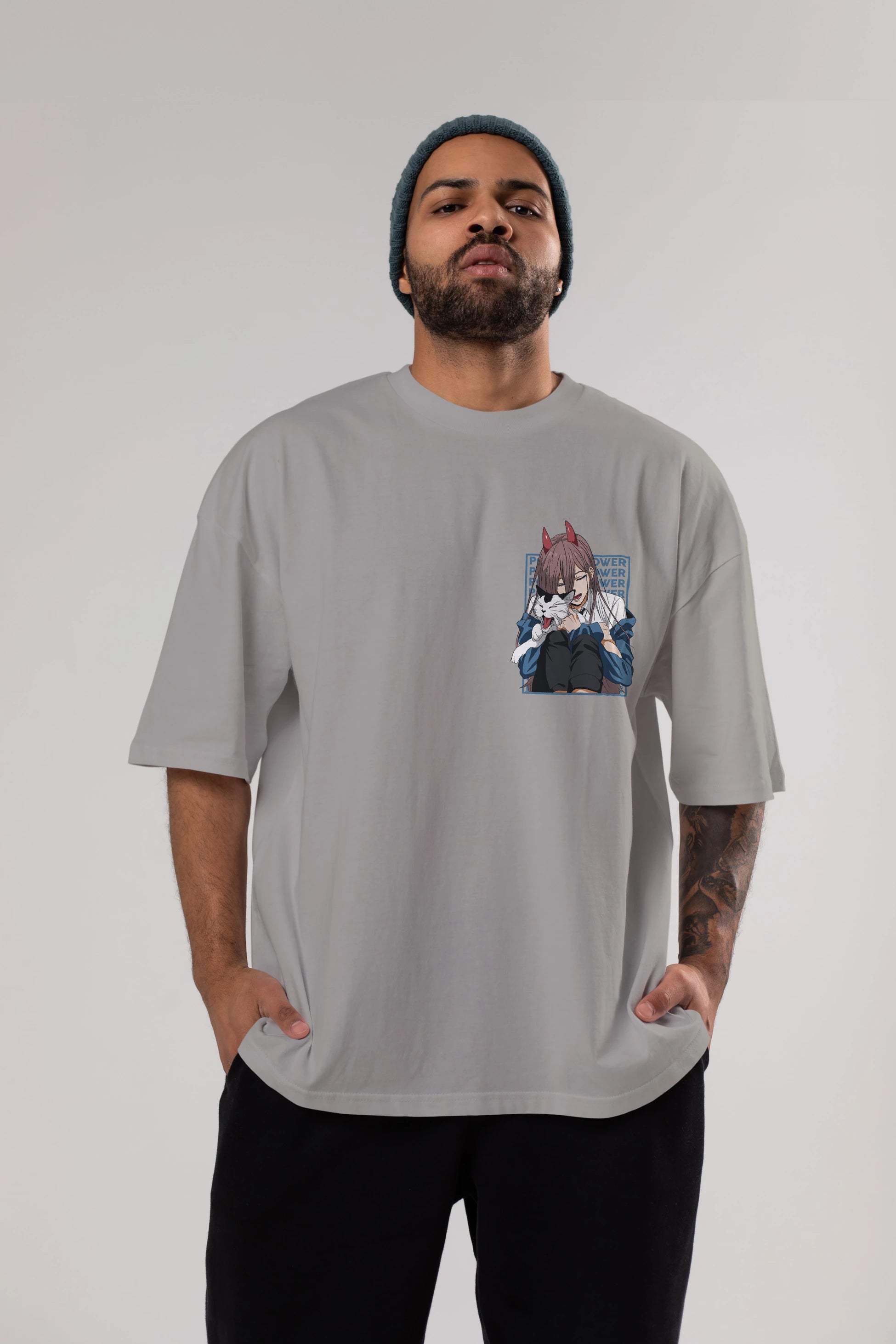POWER CHAINSAWMAN Ön Sol Baskılı Oversize t-shirt Erkek Kadın Unisex %100 Pamuk Bisiklet Yaka tişort