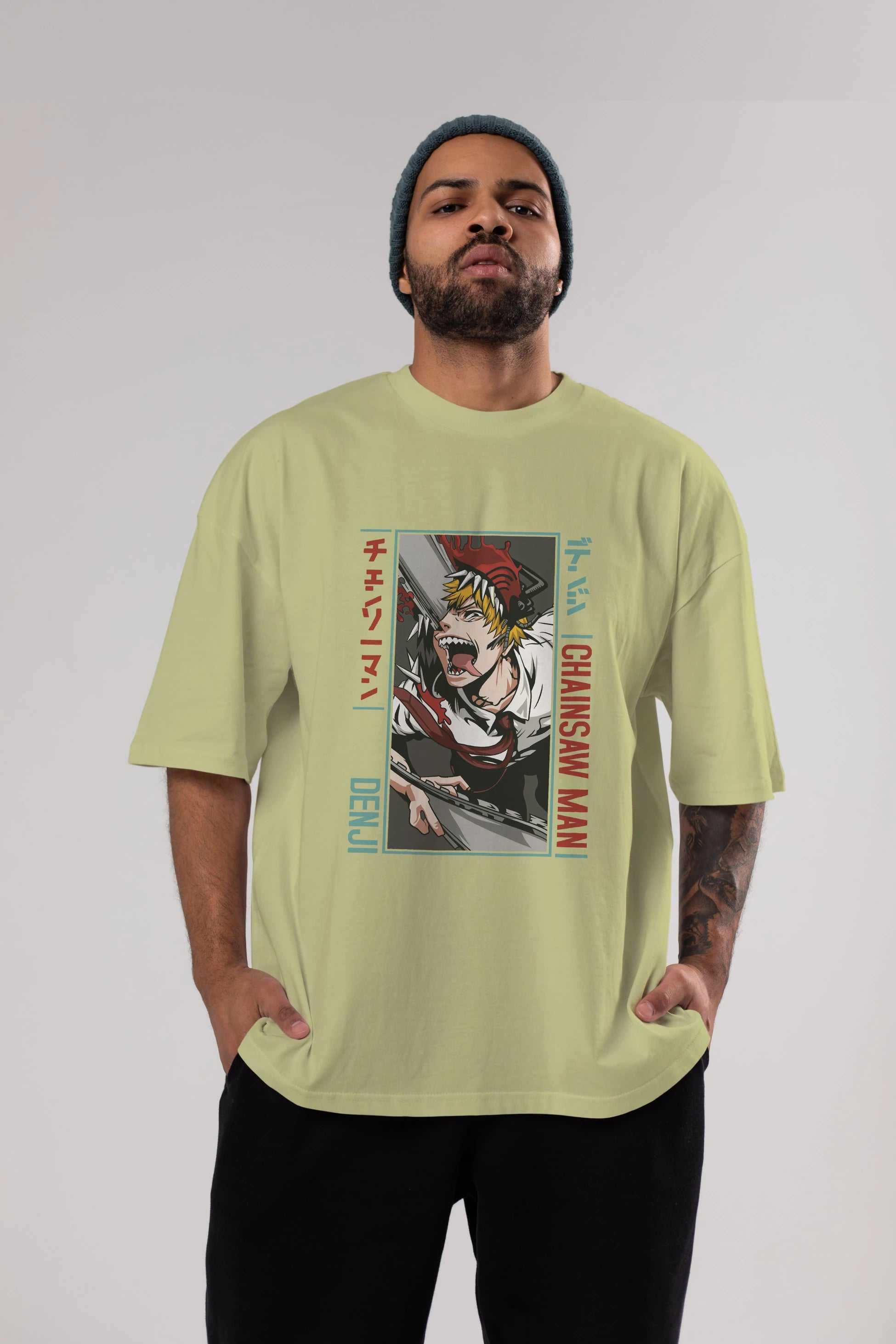 Denji Chainsaw Man Anime Ön Baskılı Oversize t-shirt %100 pamuk Erkek Kadın Unisex