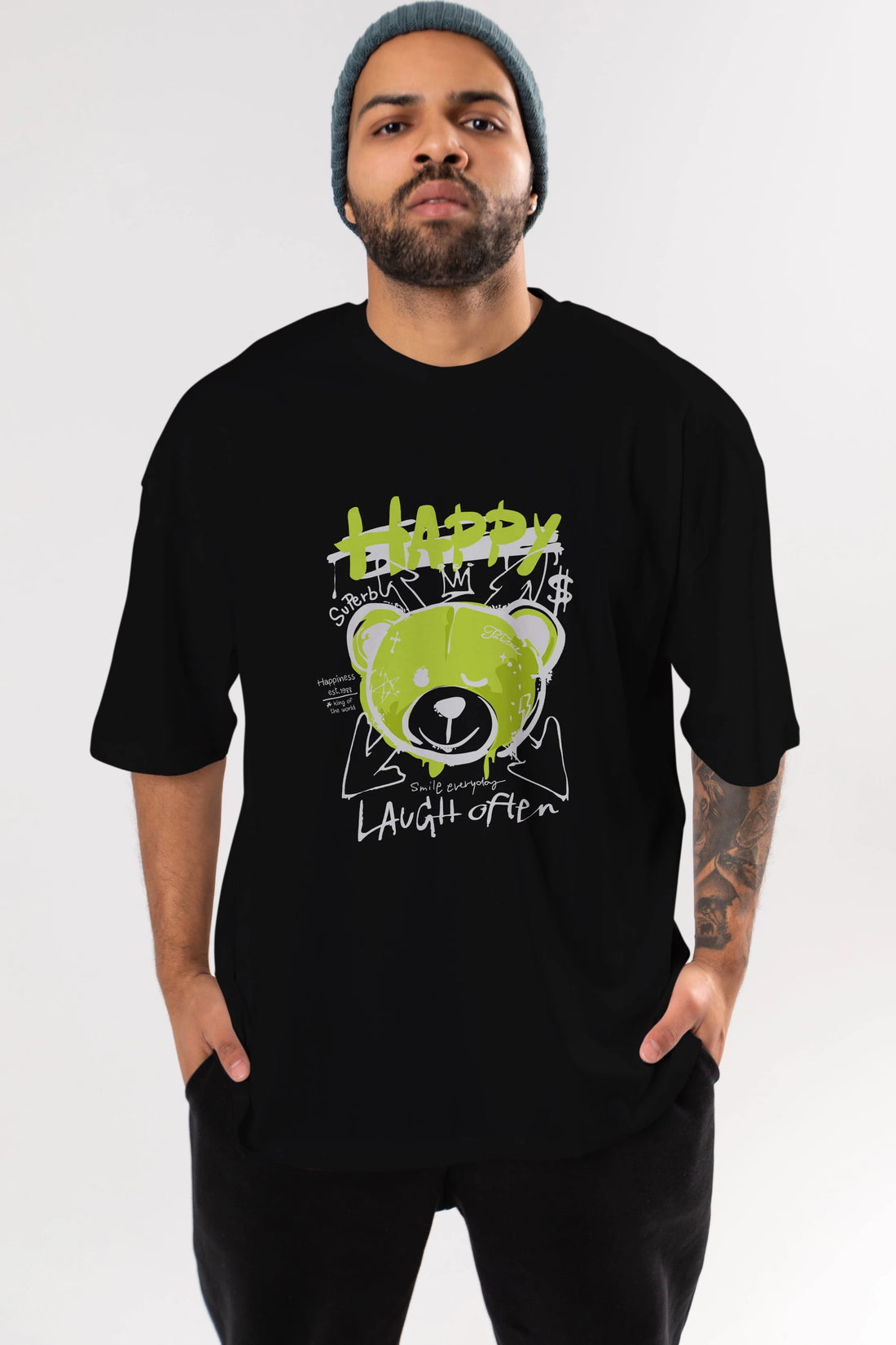 Happy Bear Ön Baskılı Oversize t-shirt Erkek Kadın Unisex