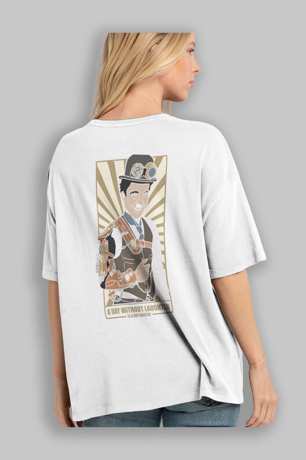 Steampunk Chaplin Arka Baskılı Oversize t-shirt Erkek Kadın Unisex %100 Pamuk tişort
