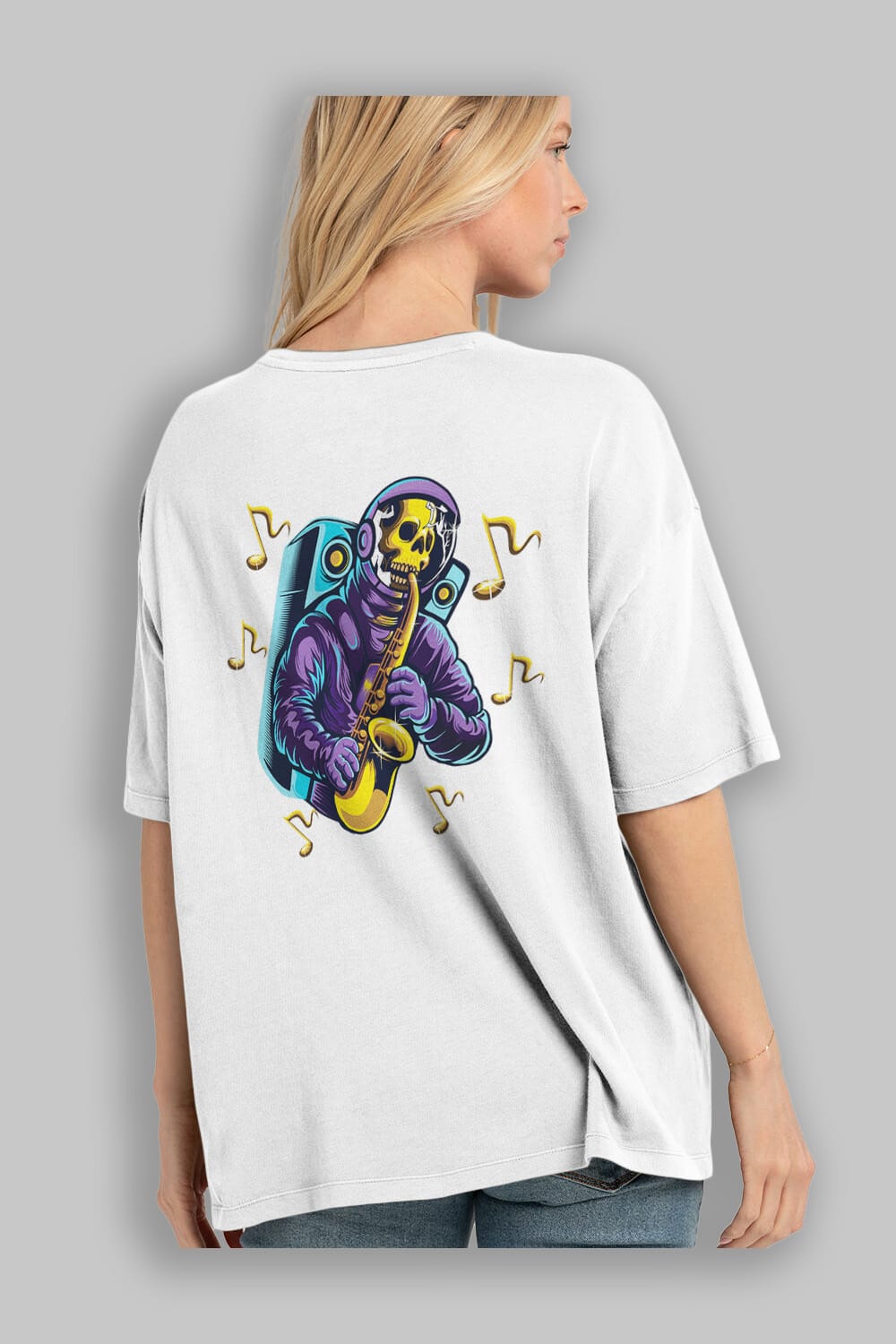 Astroskull Saxophonist Arka Baskılı Oversize t-shirt Erkek Kadın Unisex