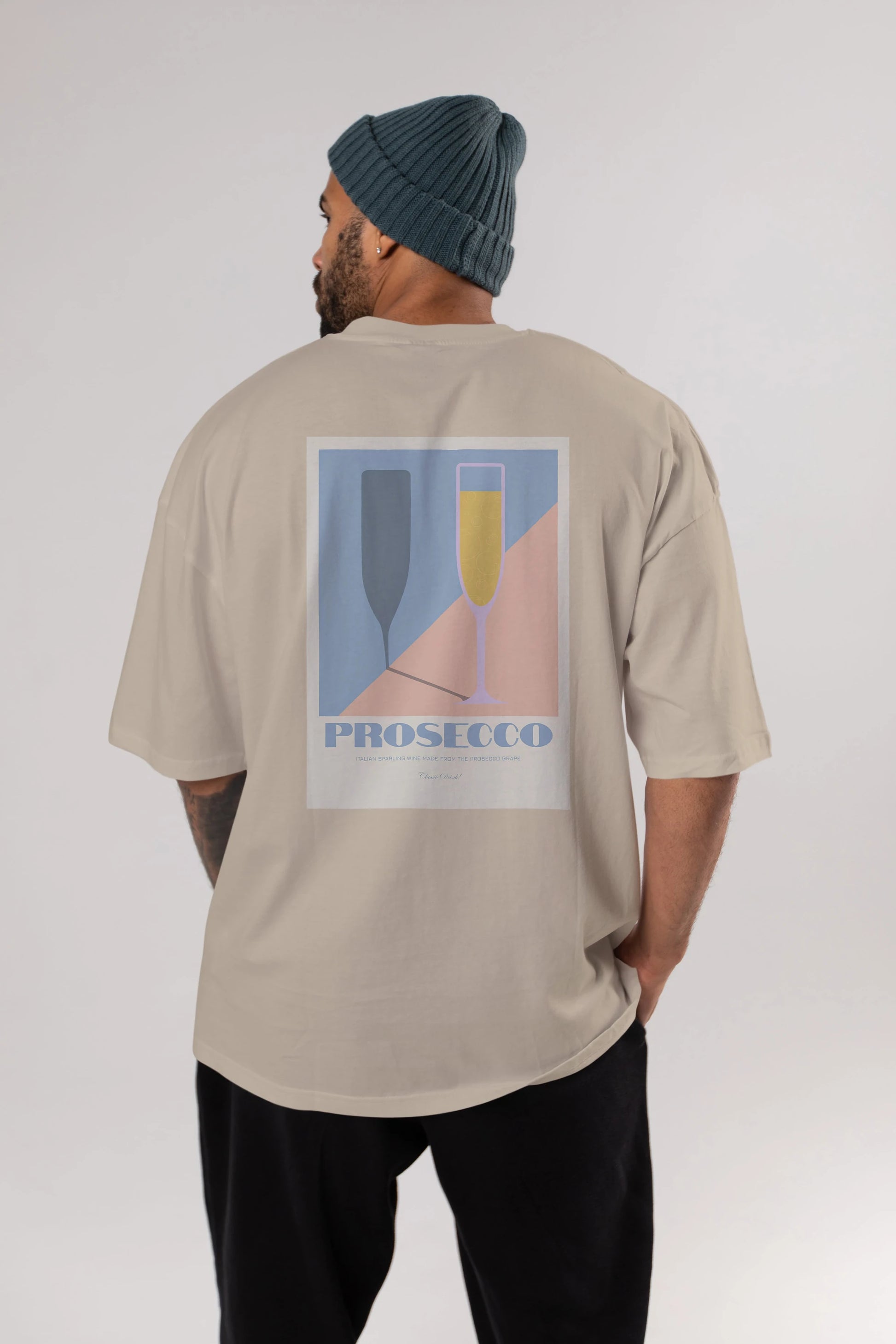 Prosecco Arka Baskılı Oversize t-shirt Erkek Kadın Unisex %100 Pamuk Bisiklet Yaka tişort