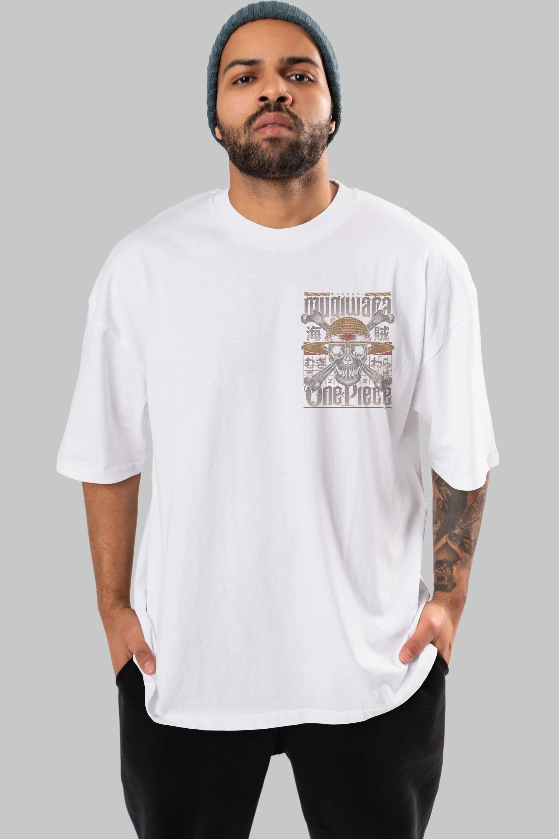 ONE PIECE (2) Ön Sol Baskılı Oversize t-shirt Erkek Kadın Unisex %100 Pamuk Bisiklet Yaka tişort