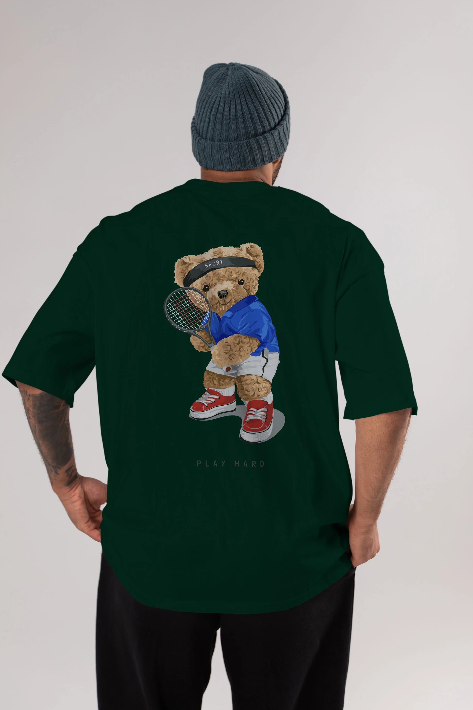 Teddy Bear Play Hard Arka Baskılı Oversize t-shirt Erkek Kadın Unisex %100 Pamuk