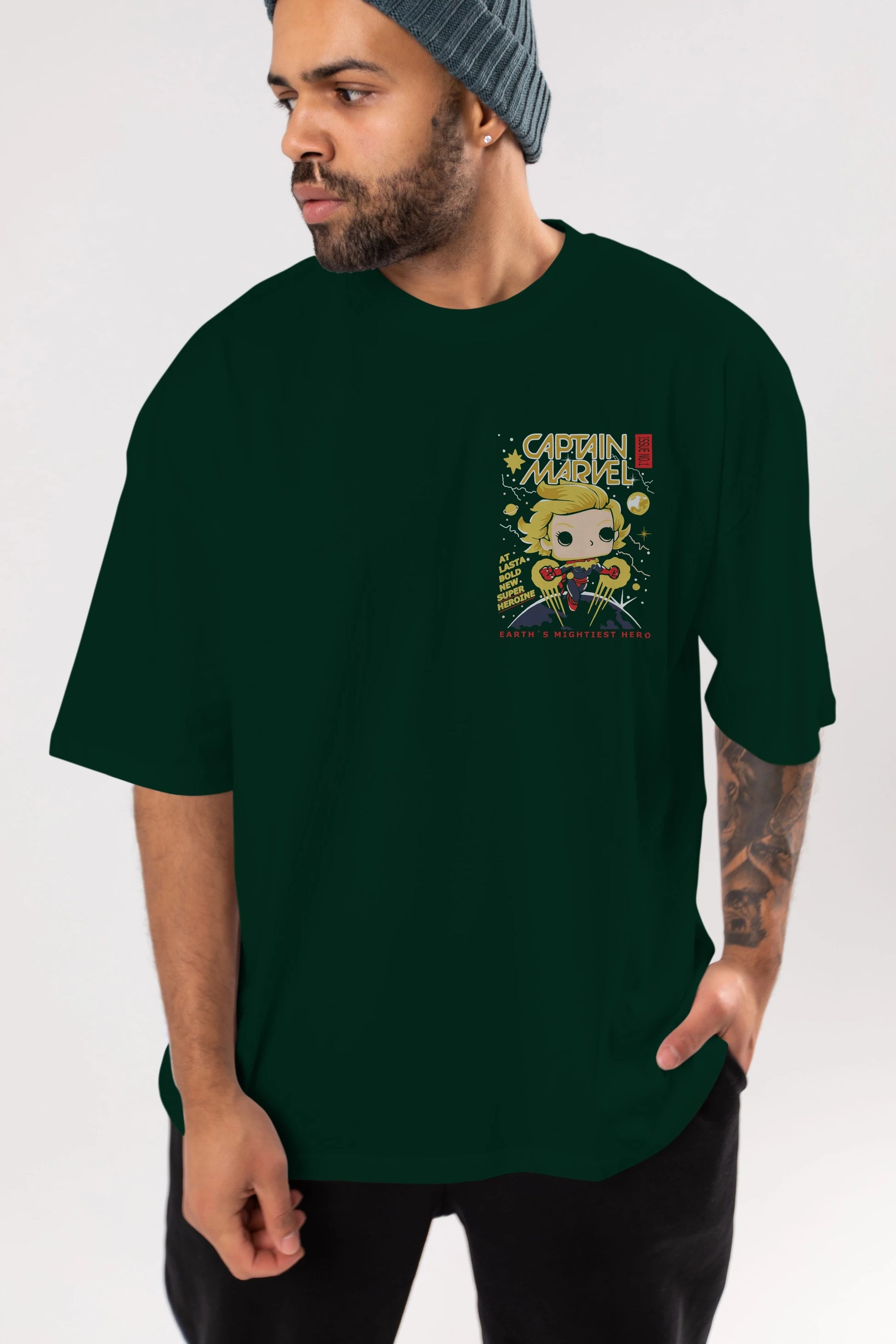 Captain Marvel Ön Sol Baskılı Oversize t-shirt Erkek Kadın Unisex %100 Pamuk Bisiklet Yaka tişort
