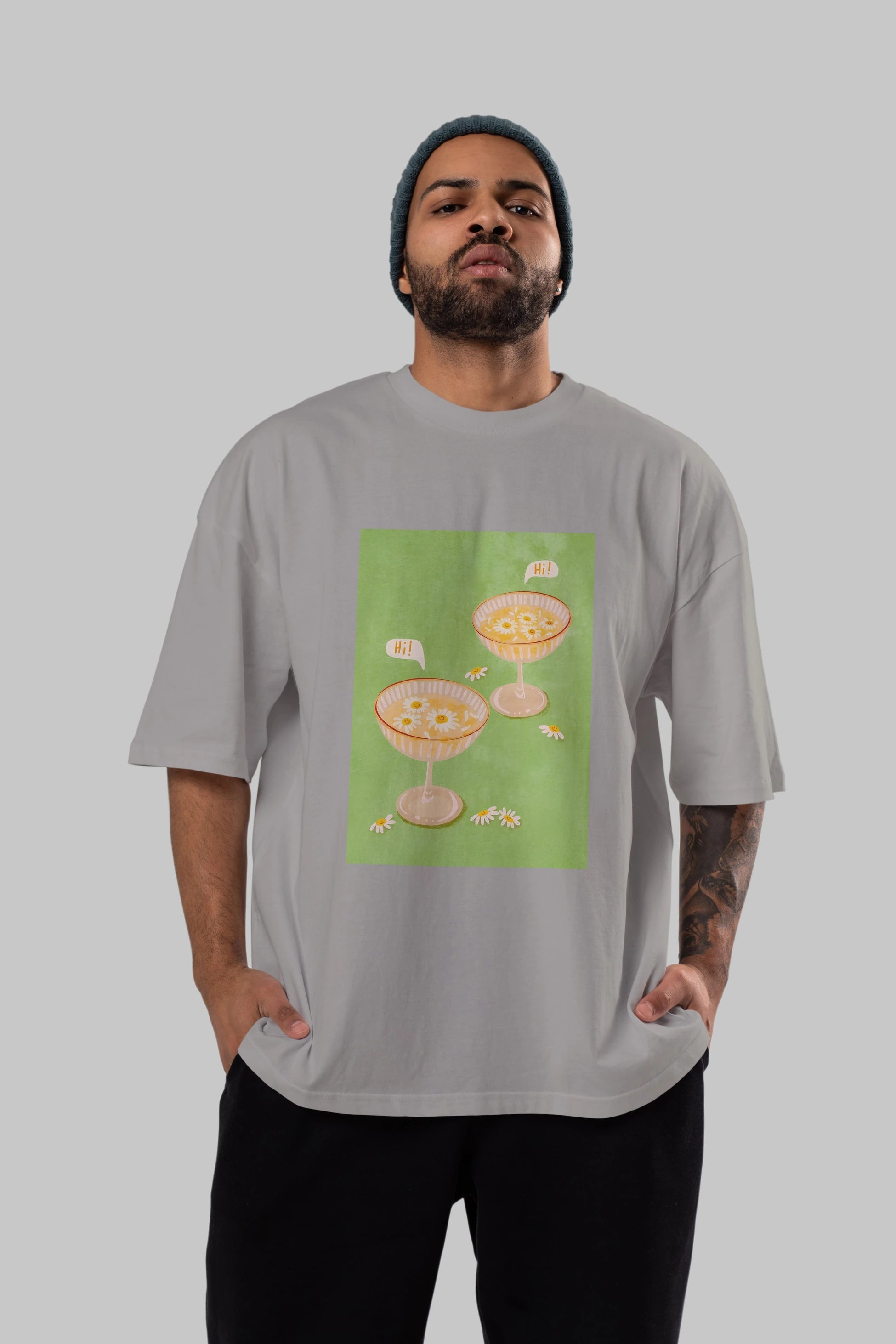 Hi Cheers Ön Baskılı Oversize t-shirt Erkek Kadın Unisex %100 Pamuk Bisiklet Yaka tişort