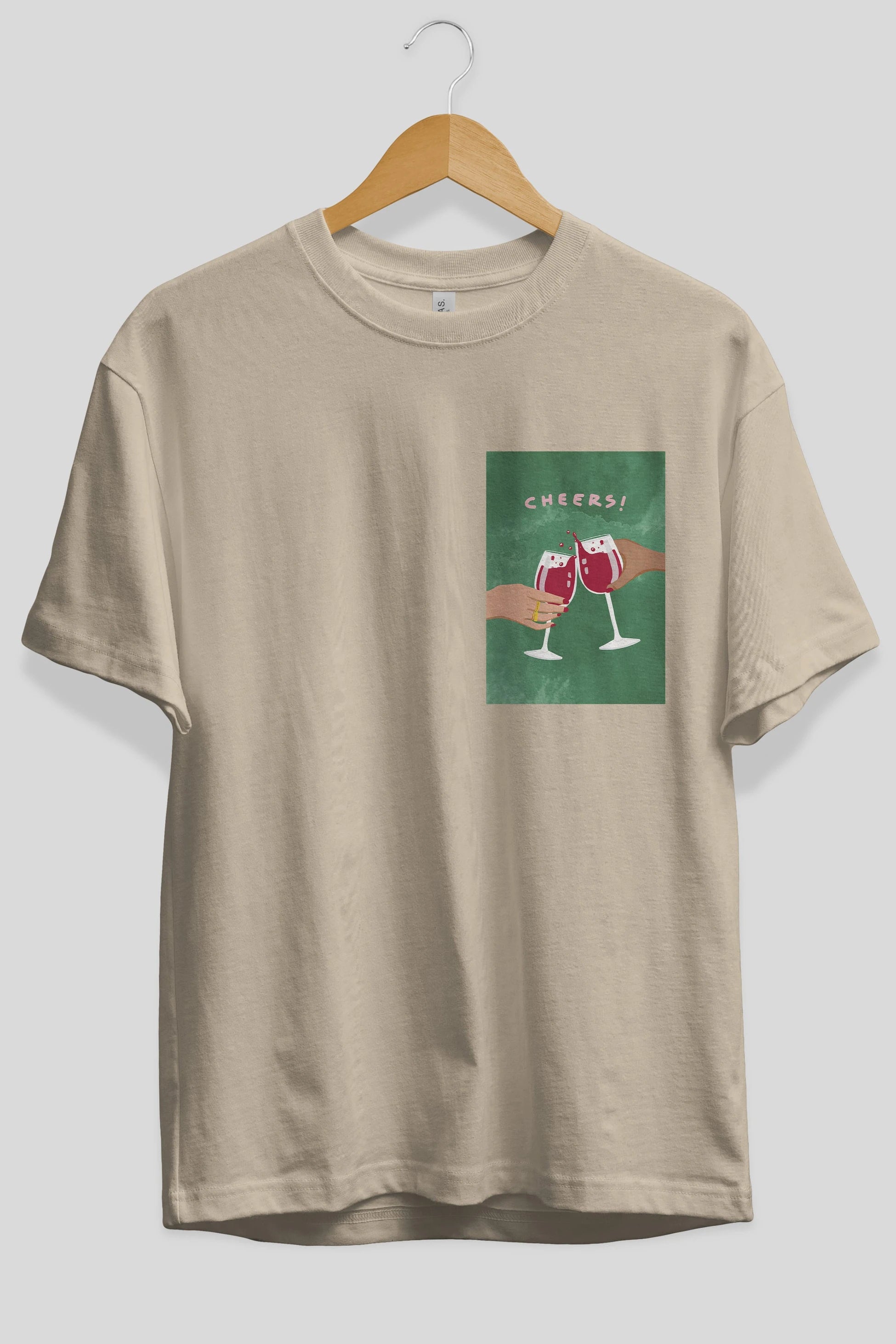 Cheers Ön Sol Baskılı Oversize t-shirt Erkek Kadın Unisex %100 Pamuk Bisiklet Yaka tişort