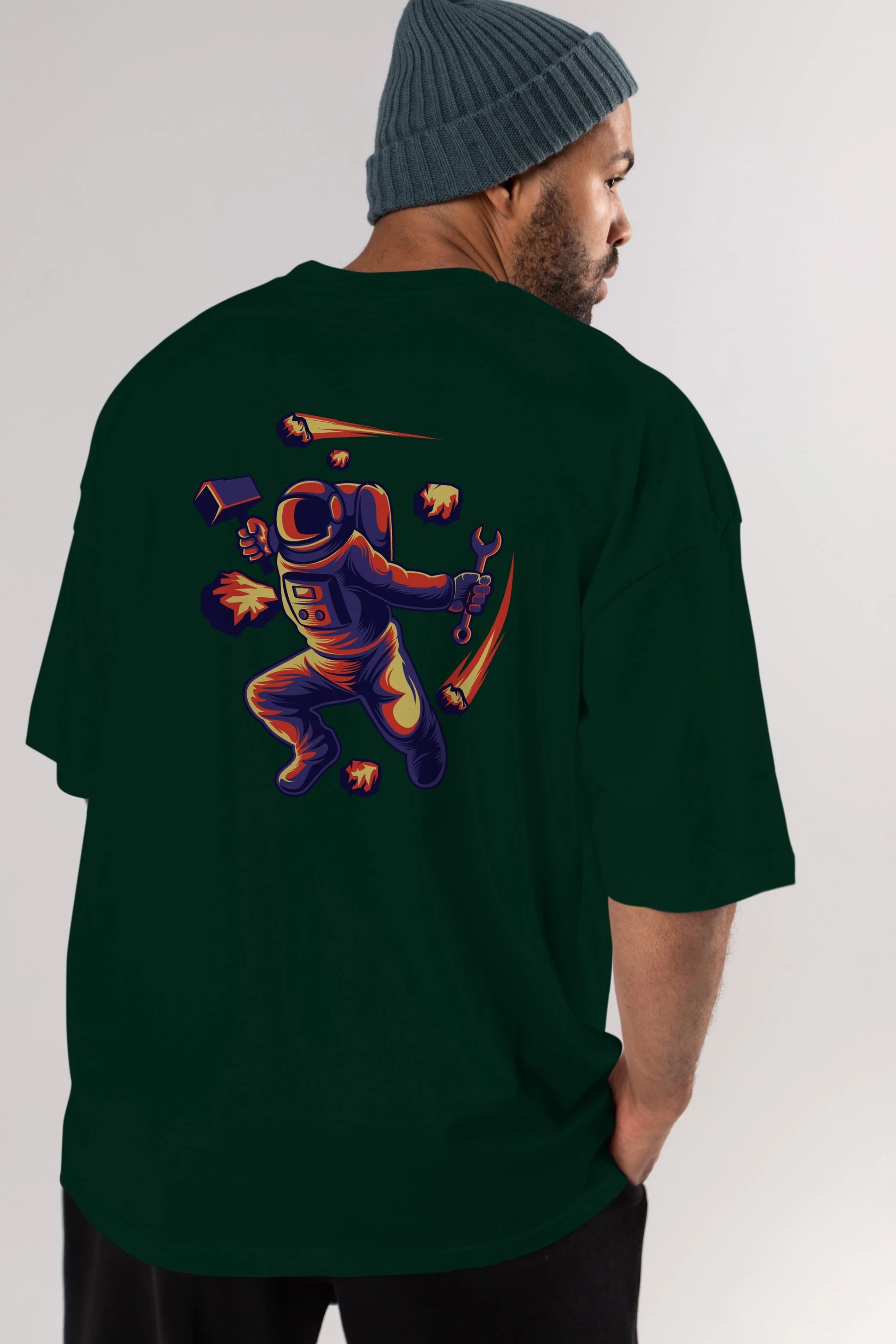 Astronaut Block Meteor Arka Baskılı Oversize t-shirt Erkek Kadın Unisex