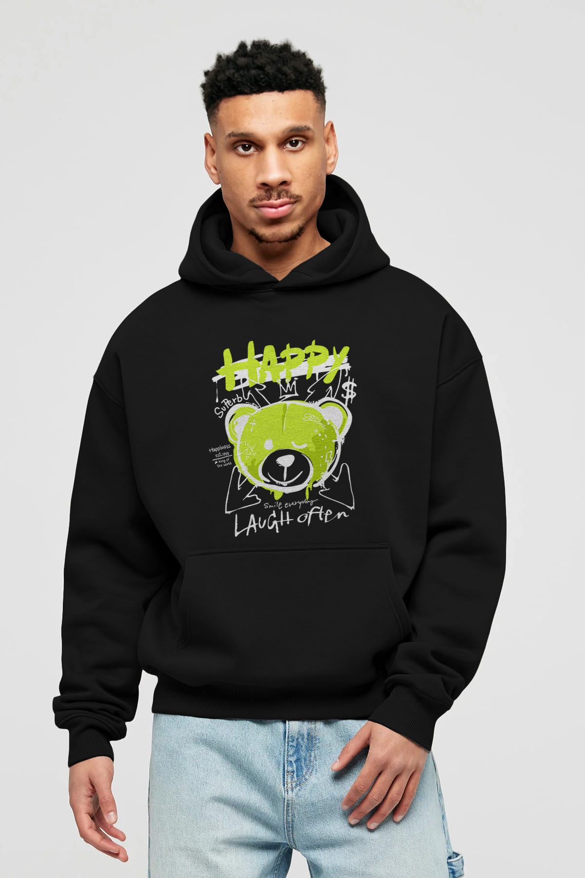 Happy Bear Ön Baskılı Hoodie Oversize Kapüşonlu Sweatshirt Erkek Kadın Unisex
