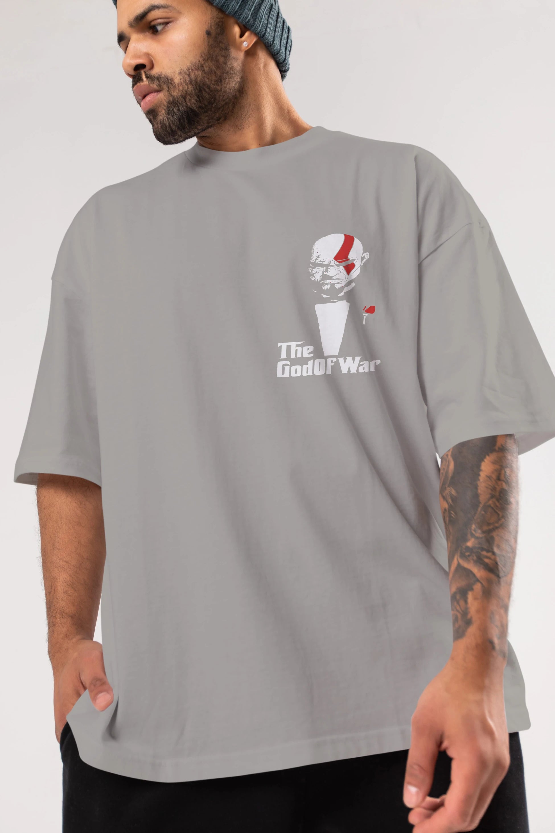 The God of War Ön Sol Baskılı Oversize t-shirt Erkek Kadın Unisex %100 Pamuk Bisiklet Yaka tişort