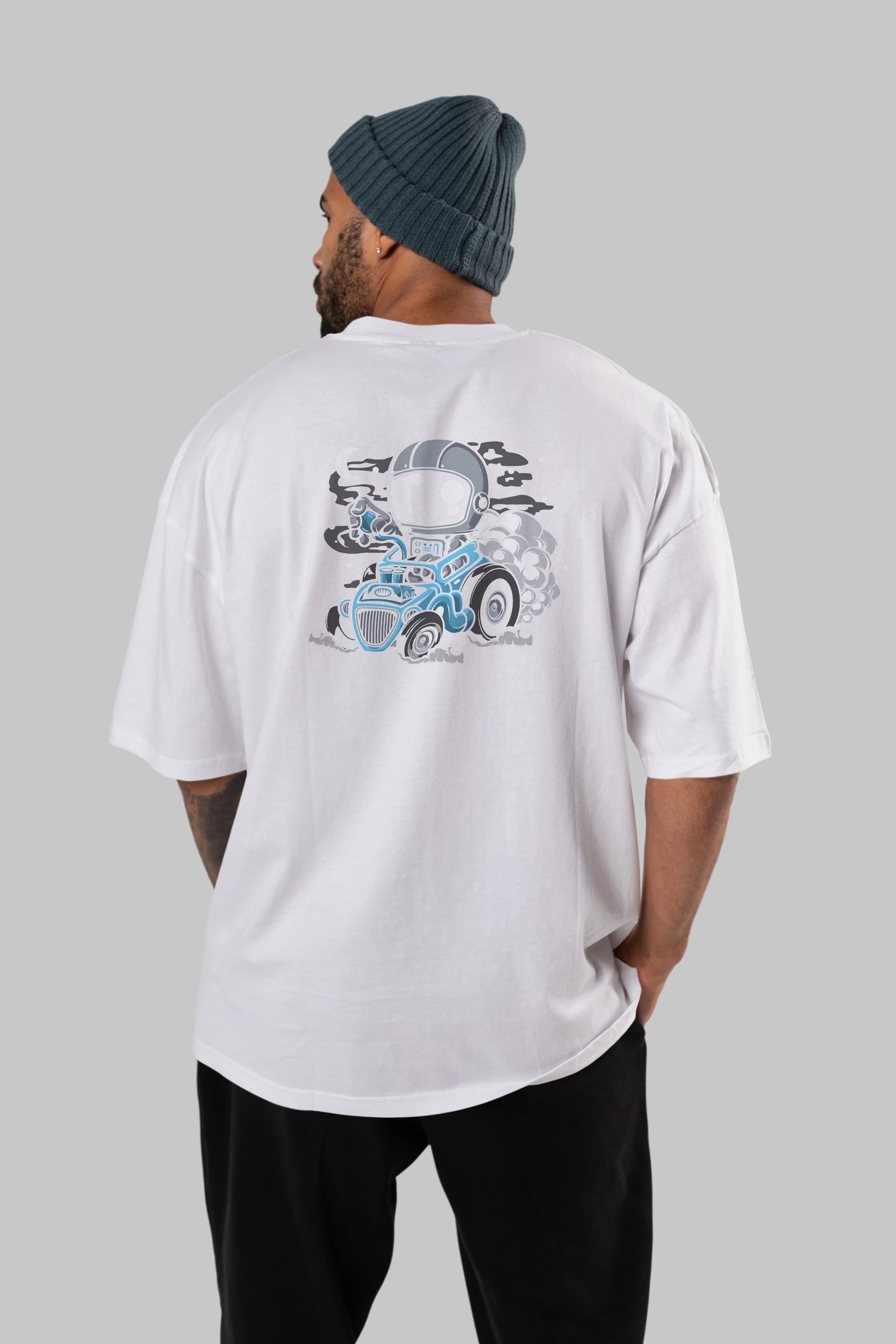 Astronaut Hotrod Arka Baskılı Oversize t-shirt Erkek Kadın Unisex