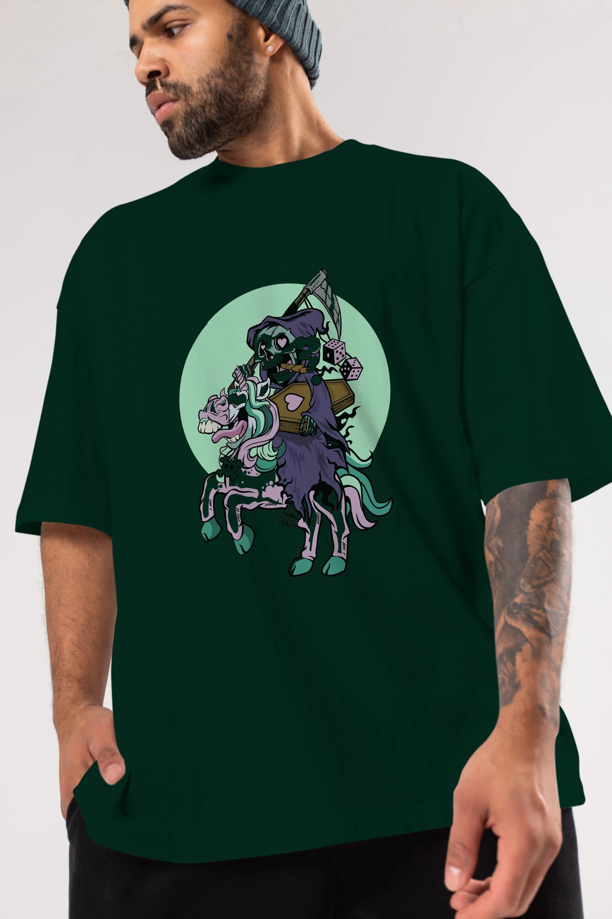 Grim Reaper Riding Unicorn Ön Baskılı Oversize t-shirt Erkek Kadın Unisex %100 Pamuk tişort