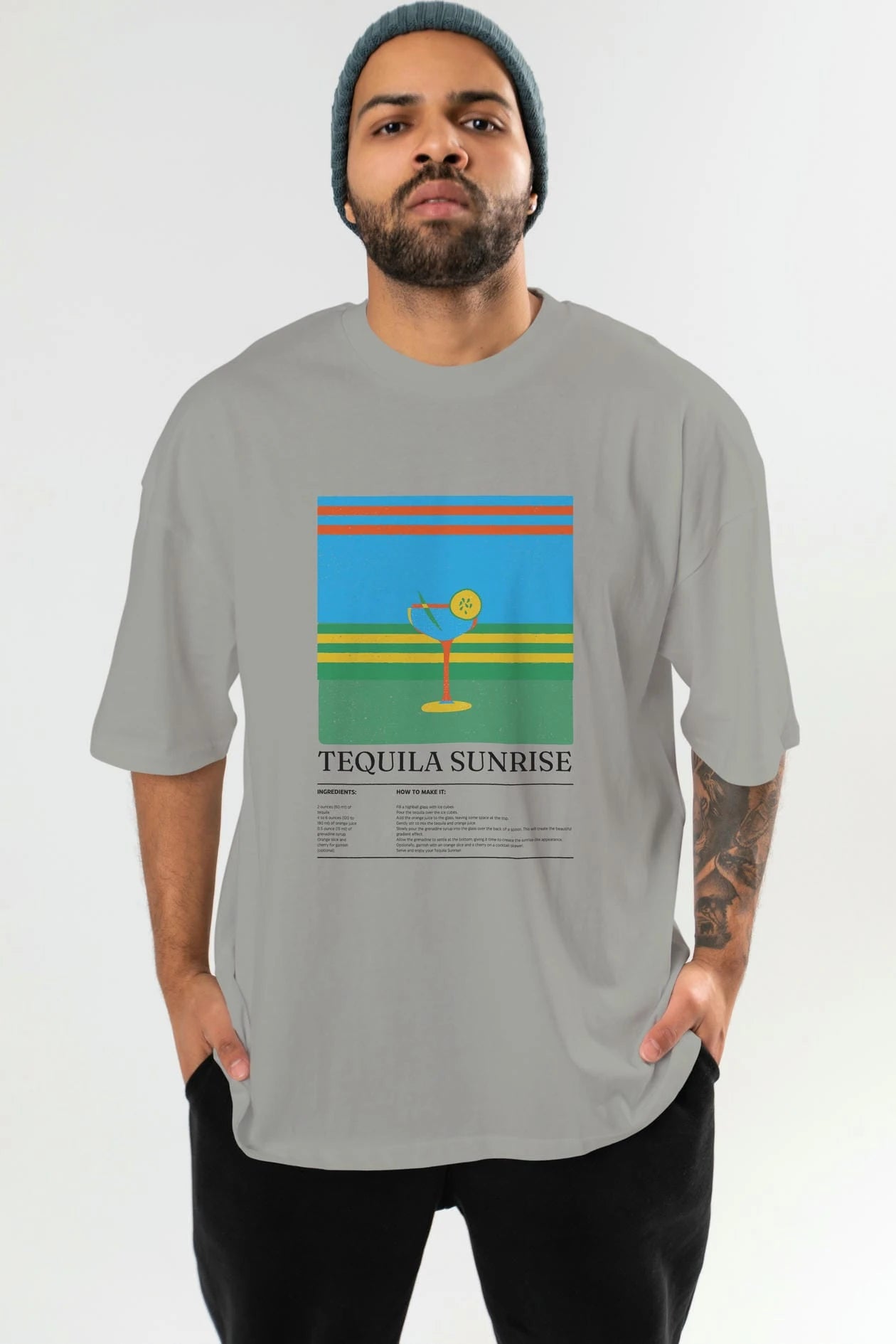 Tequila Sunrise Kokteyl Ön Baskılı Oversize t-shirt Erkek Kadın %100 Pamuk Bisiklet Yaka tişort
