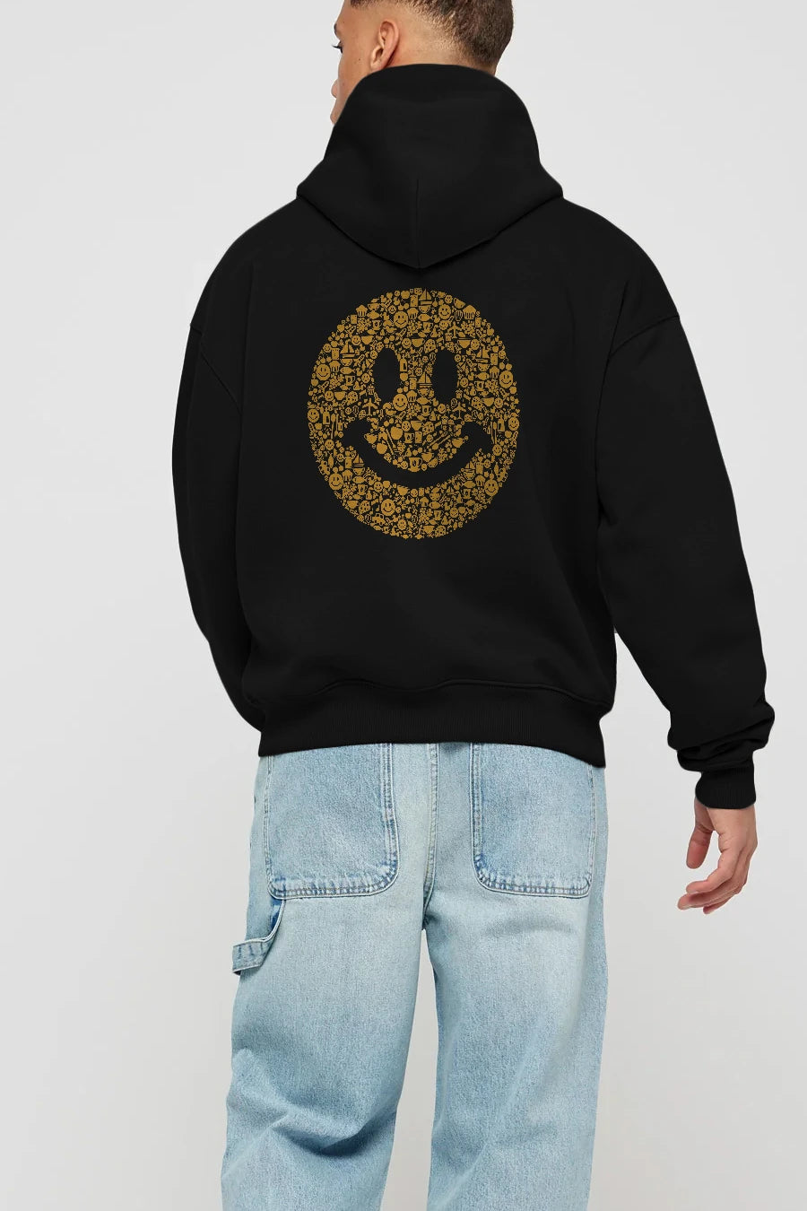 Smiley Arka Baskılı Hoodie Oversize Kapüşonlu Sweatshirt Erkek Kadın Unisex