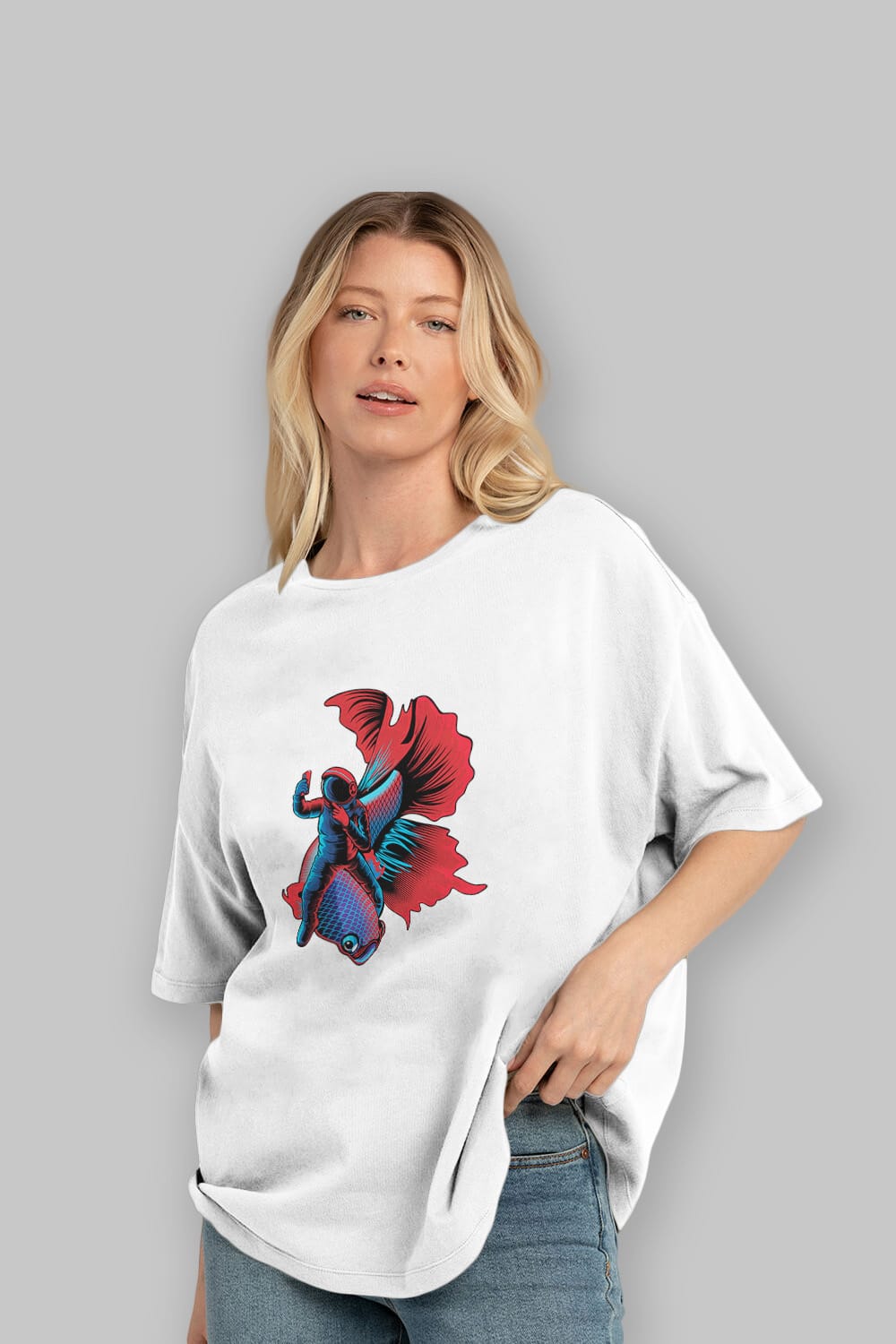 Astrofish selfie sticker Ön Baskılı Oversize t-shirt Erkek Kadın Unisex