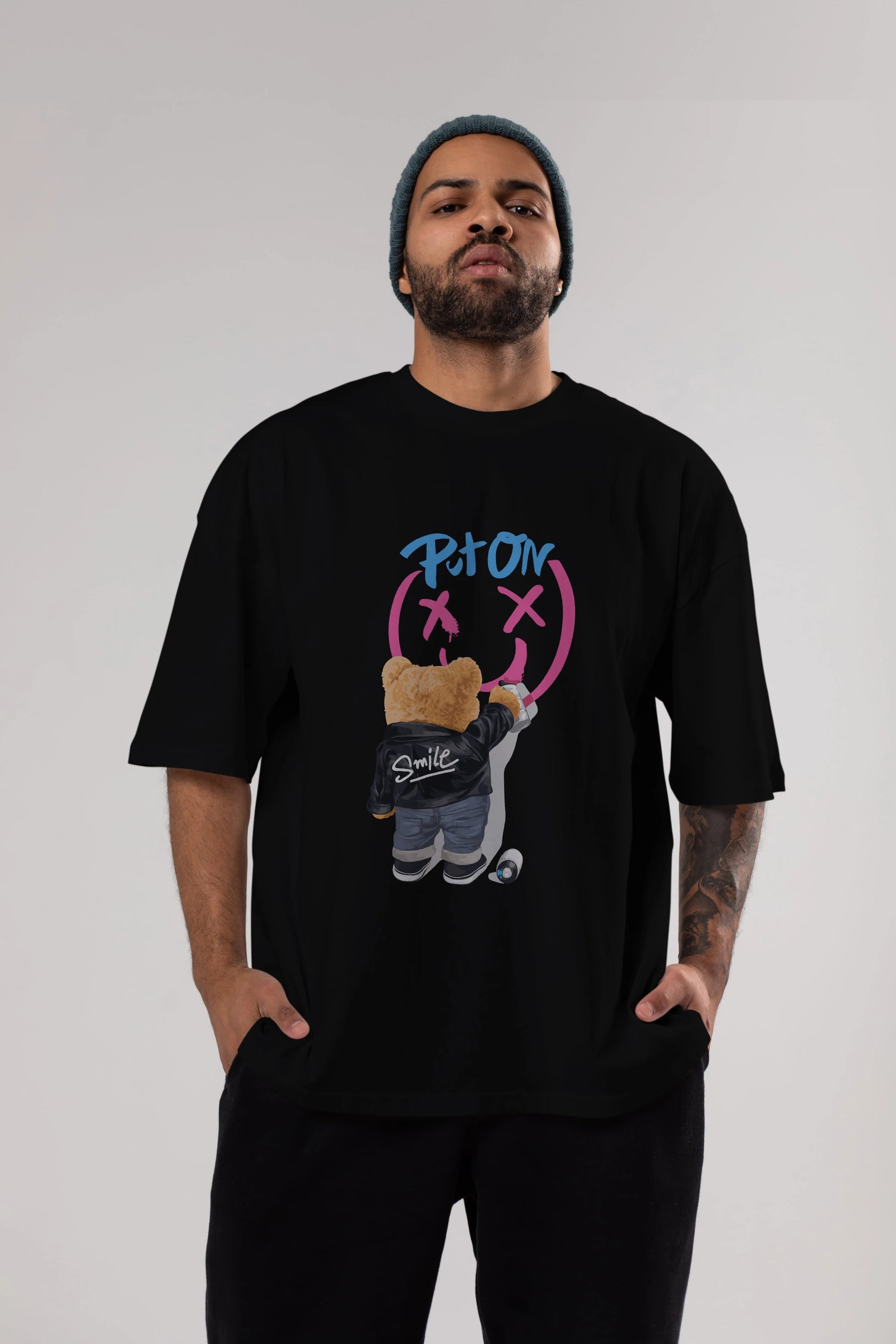 Put on Smile Bear Ön Baskılı Oversize t-shirt Erkek Kadın Unisex