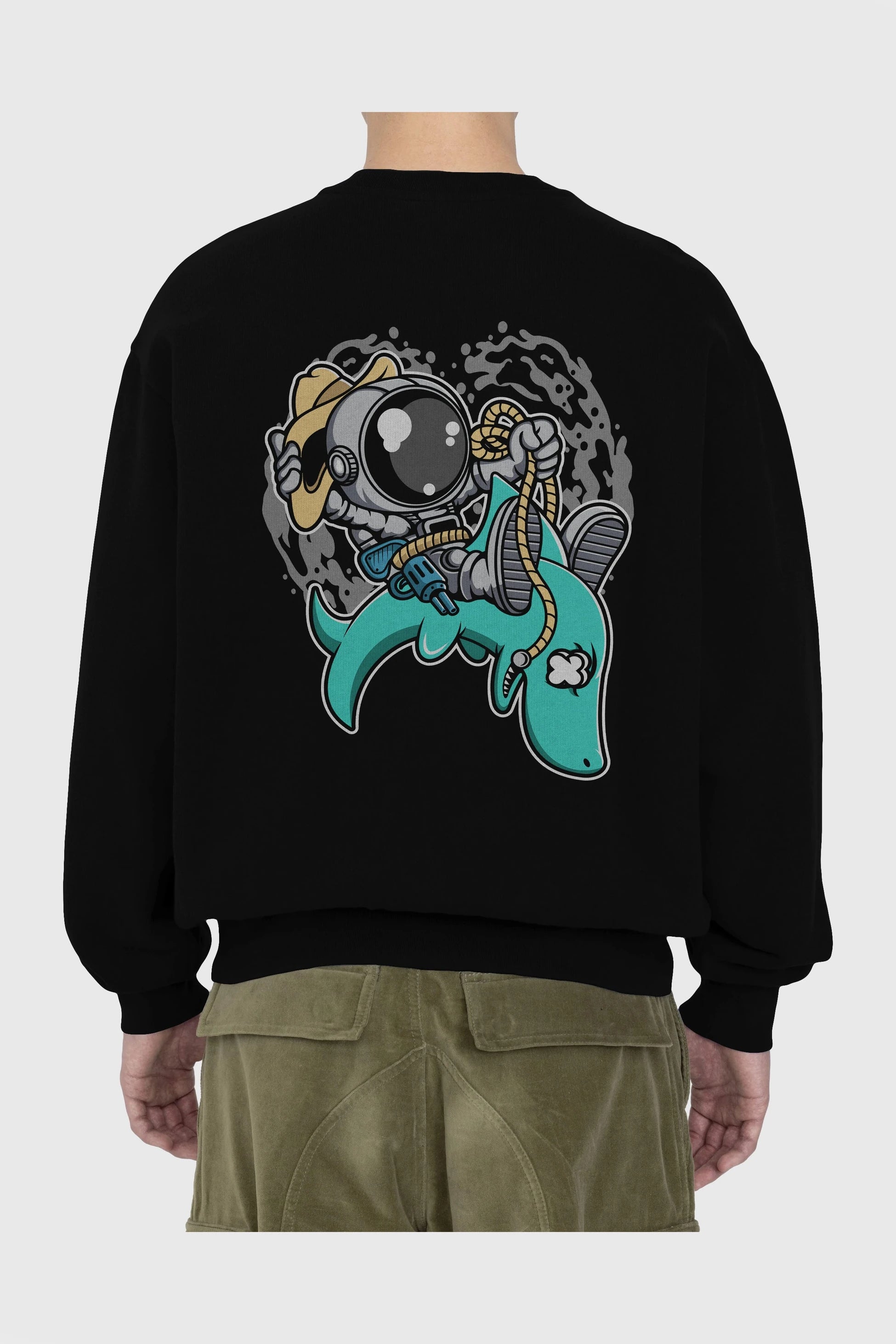 Astronaut Riding Shark Arka Baskılı Oversize Sweatshirt Erkek Kadın Unisex