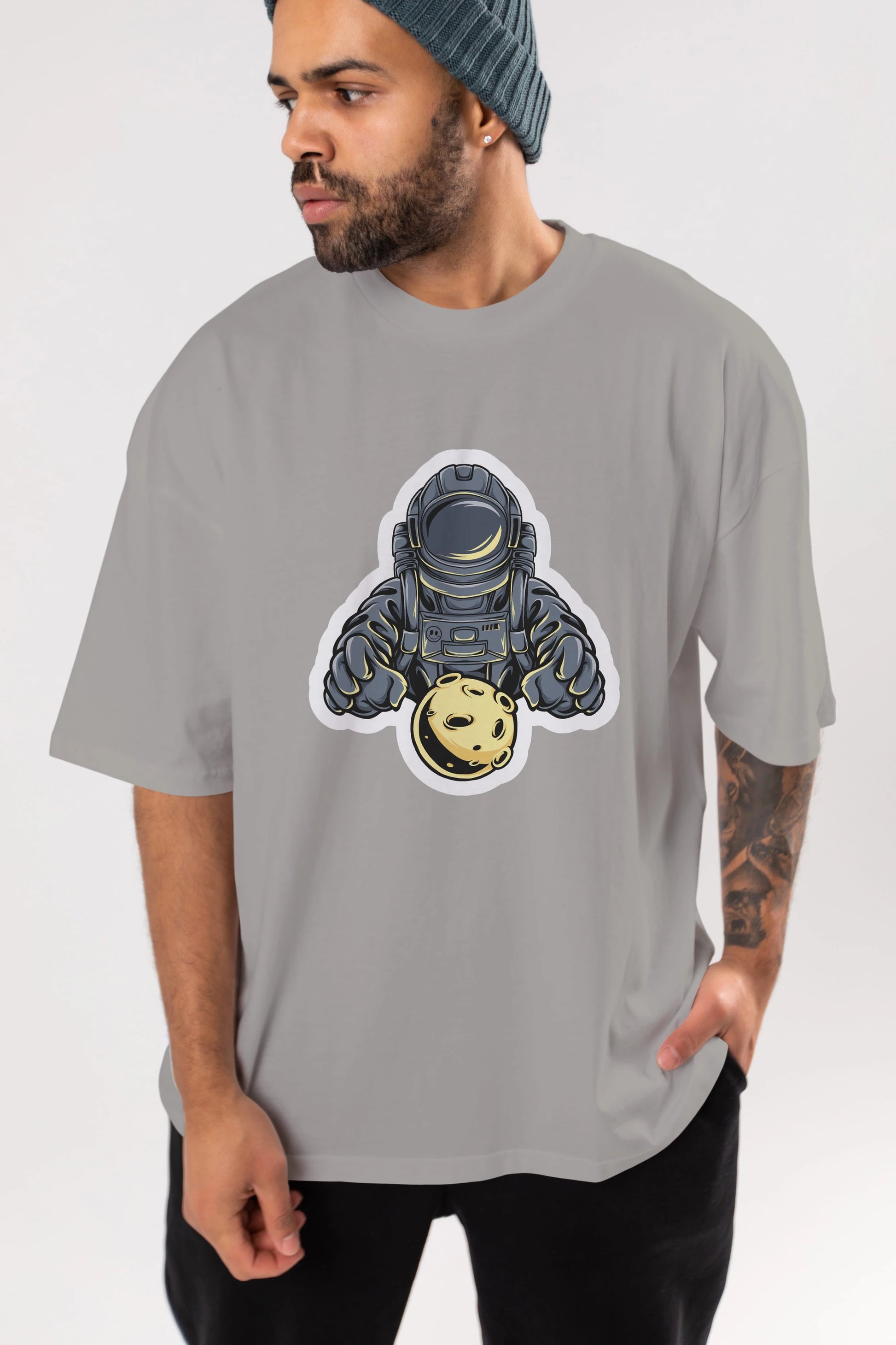 Astromoon sticker Ön Baskılı Oversize t-shirt Erkek Kadın Unisex