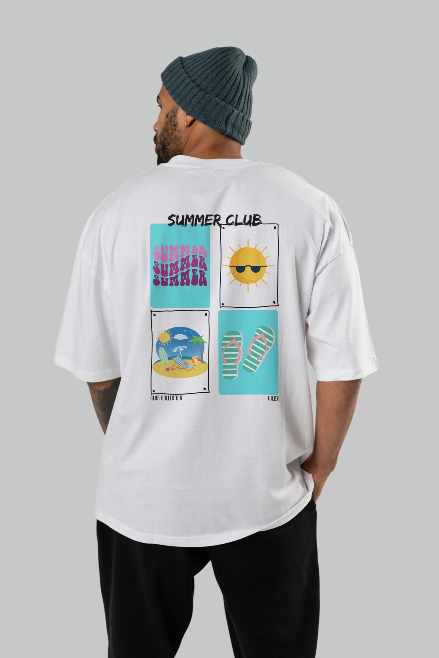 Summer Club Arka Baskılı Oversize t-shirt Erkek Kadın %100 Pamuk Bisiklet Yaka tişort