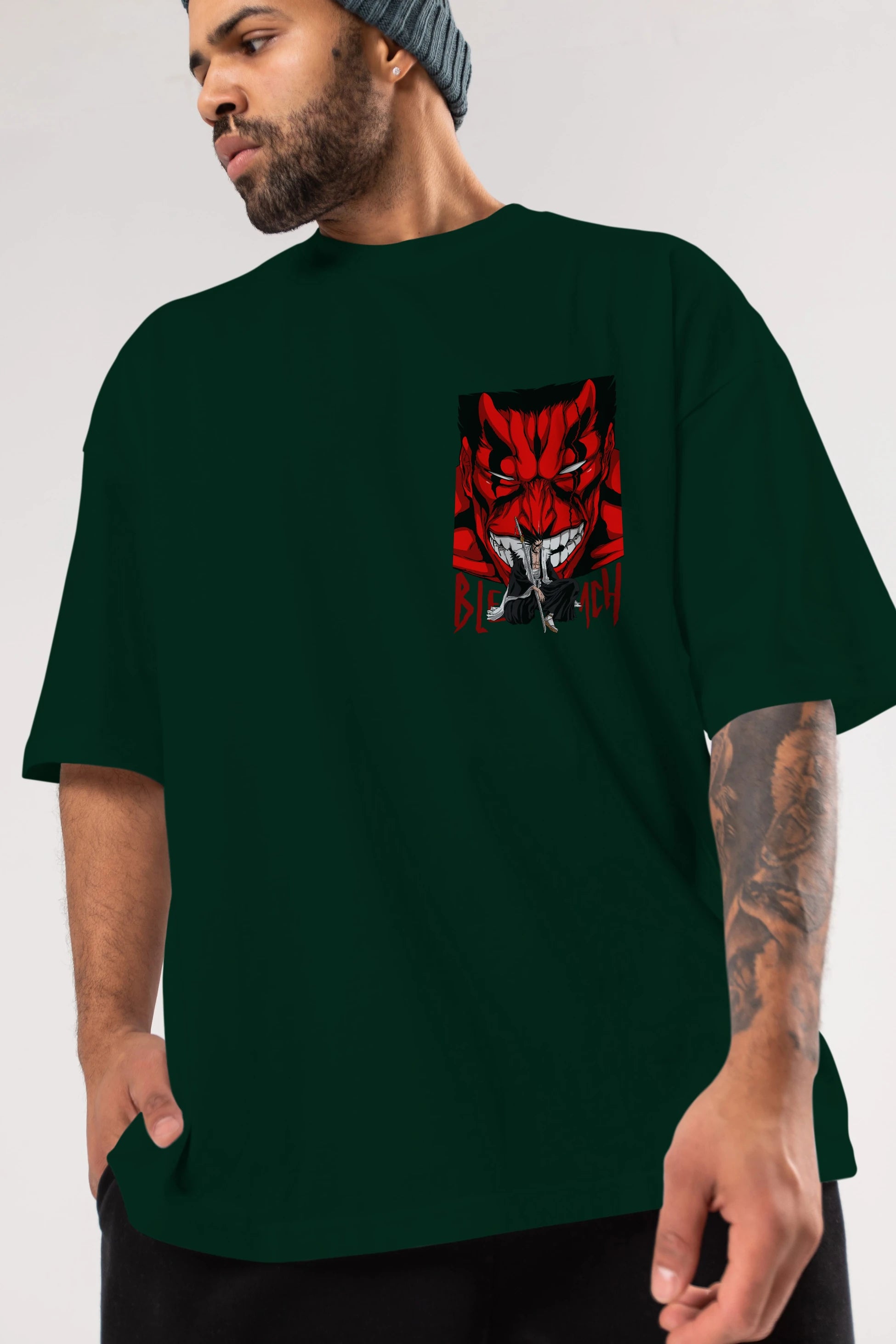 KENPACHI ZARAKI BLEACH Ön Sol Baskılı Oversize t-shirt Erkek Kadın Unisex %100 Pamuk Bisiklet Yaka tişort