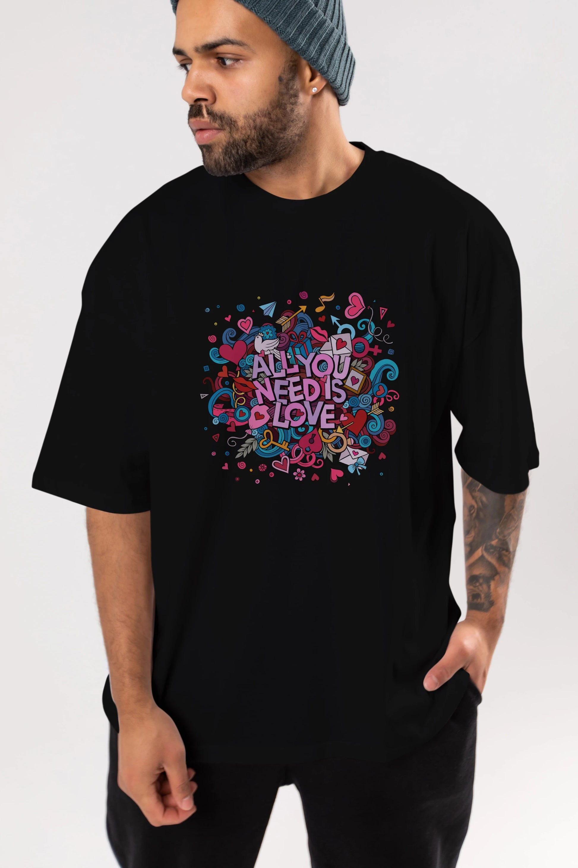 Cute Fun Colorful Heart Art Love Ön Baskılı Oversize t-shirt Erkek Kadın Unisex