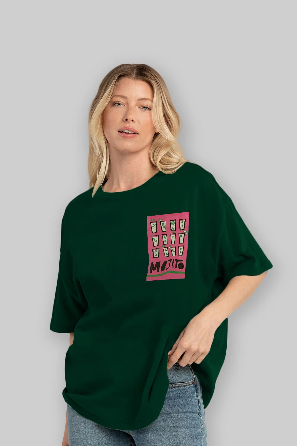 Mojito Ön Sol Baskılı Oversize t-shirt Erkek Kadın Unisex %100 Pamuk Bisiklet Yaka tişort