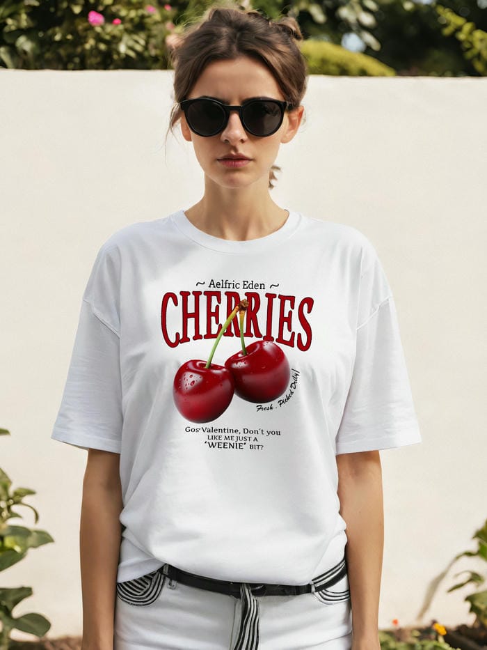 Cherry Cherries Ön Baskılı Oversize t-shirt Erkek Kadın Pamuk Bisiklet Yaka tişort