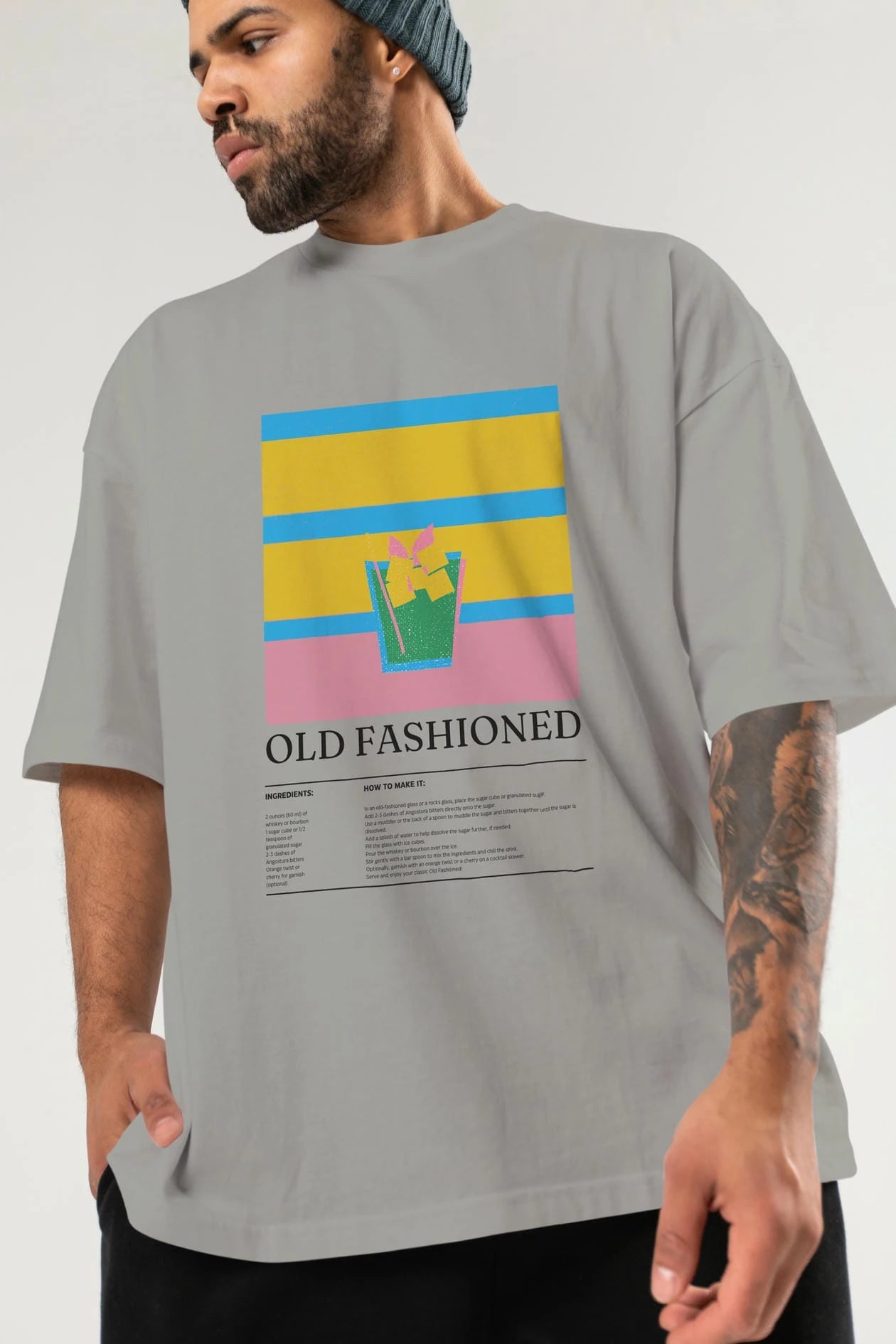 Old Fashioned Kokteyl Ön Baskılı Oversize t-shirt Erkek Kadın %100 Pamuk Bisiklet Yaka tişort