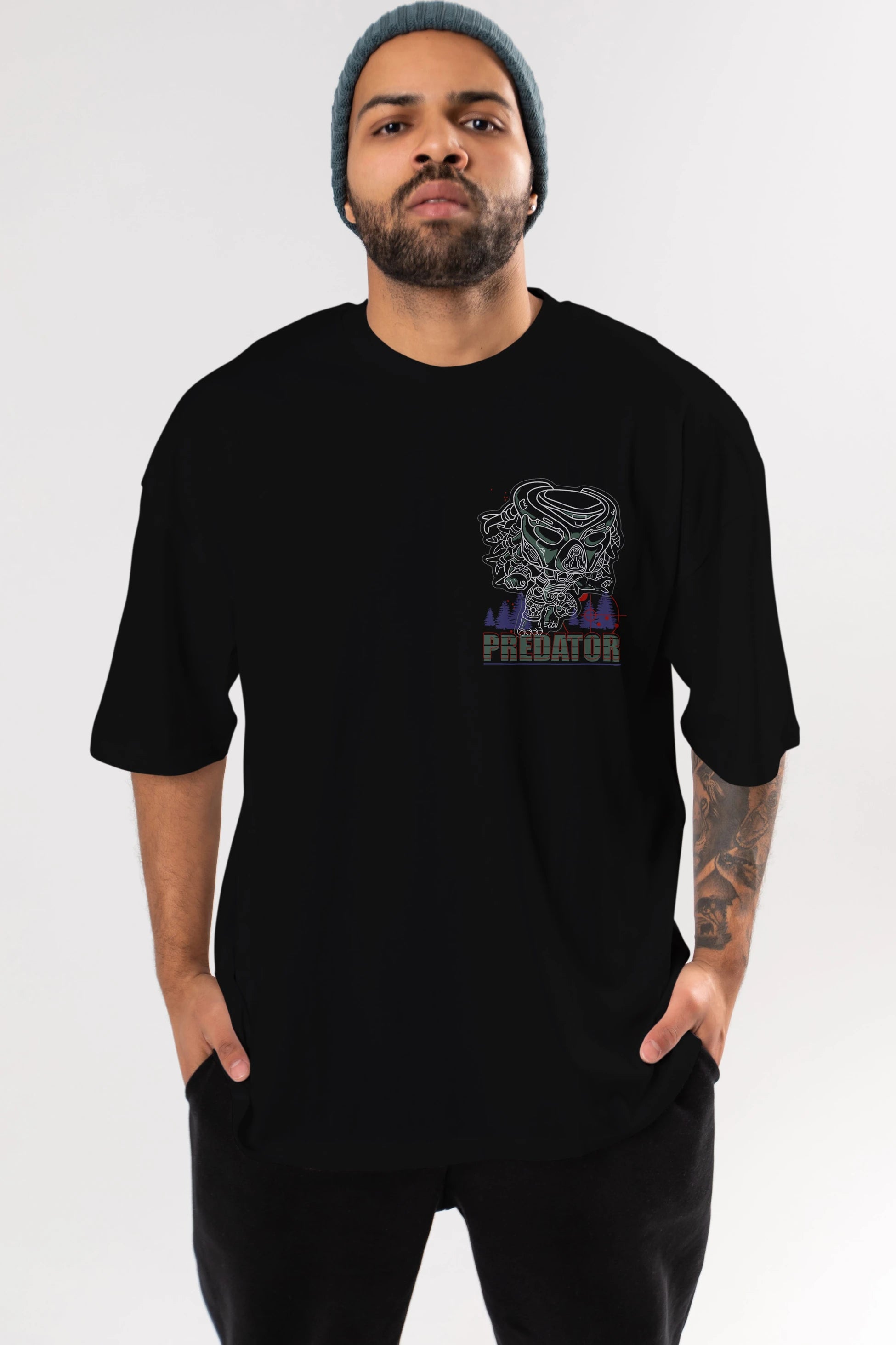 Predator Ön Sol Baskılı Oversize t-shirt Erkek Kadın Unisex %100 Pamuk Bisiklet Yaka tişort