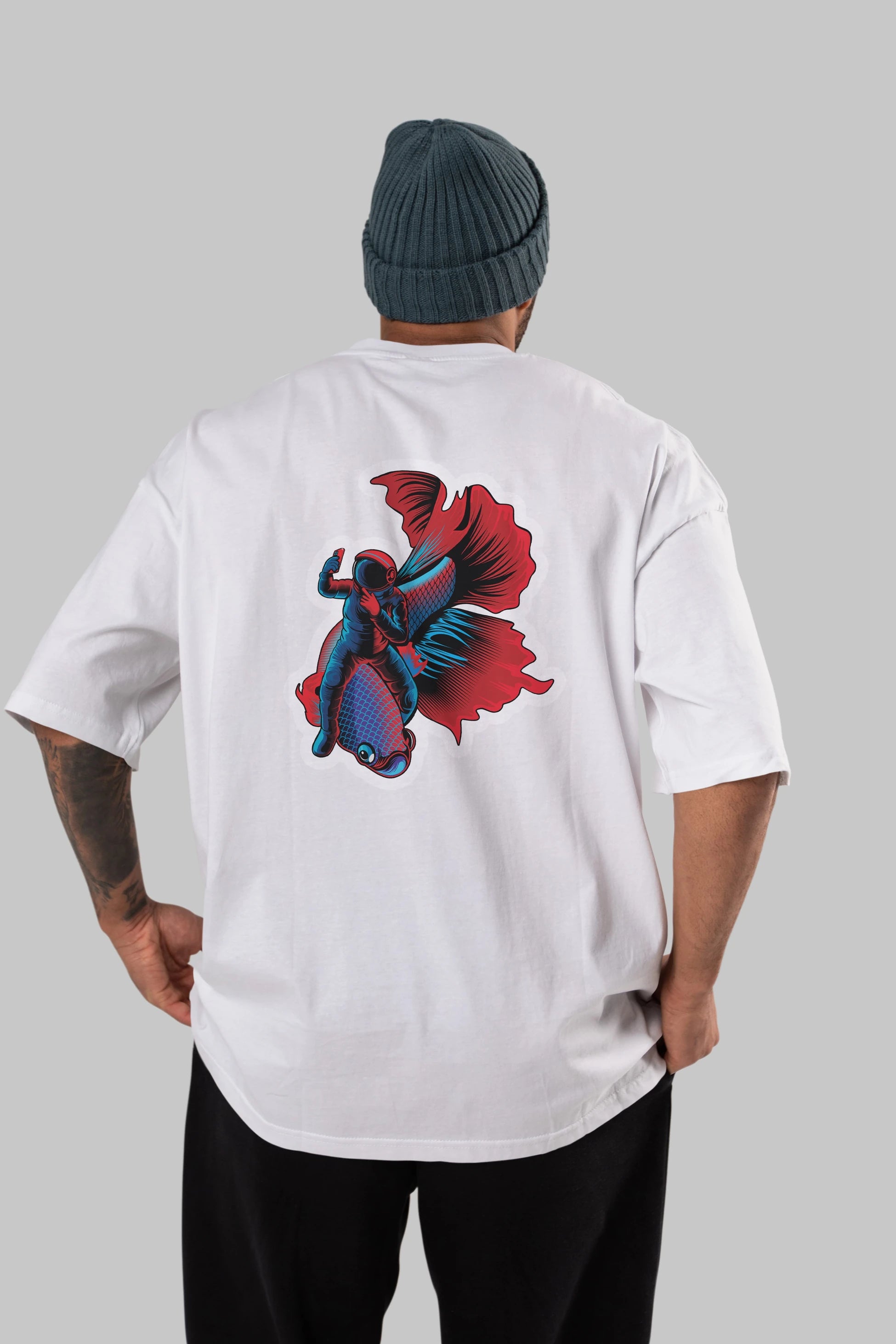 Astrofish selfie sticker Arka Baskılı Oversize t-shirt Erkek Kadın Unisex