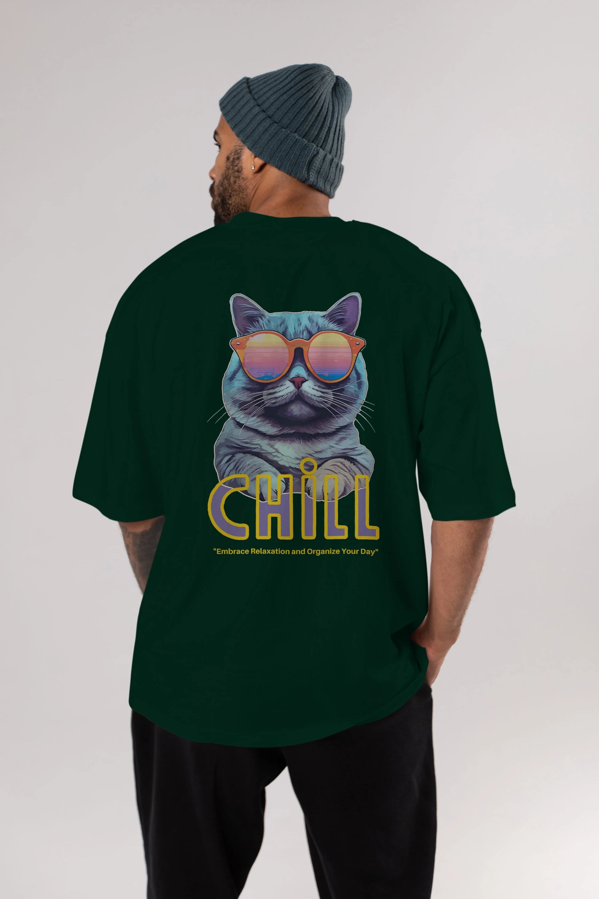 Chill Cat Arka Baskılı Oversize t-shirt Erkek Kadın Unisex