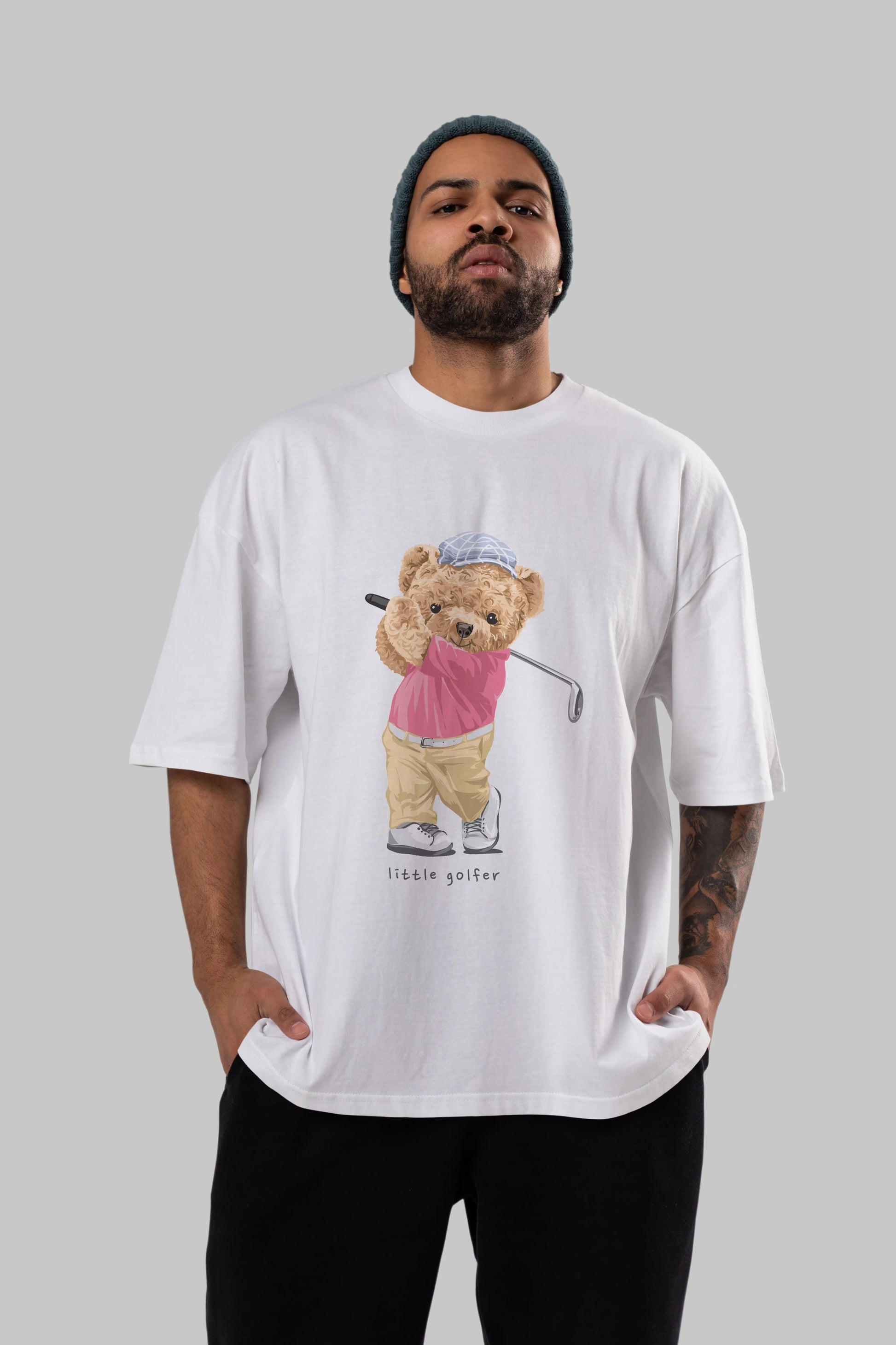 Teddy Bear Little Golfer Ön Baskılı Oversize t-shirt Erkek Kadın Unisex %100 Pamuk